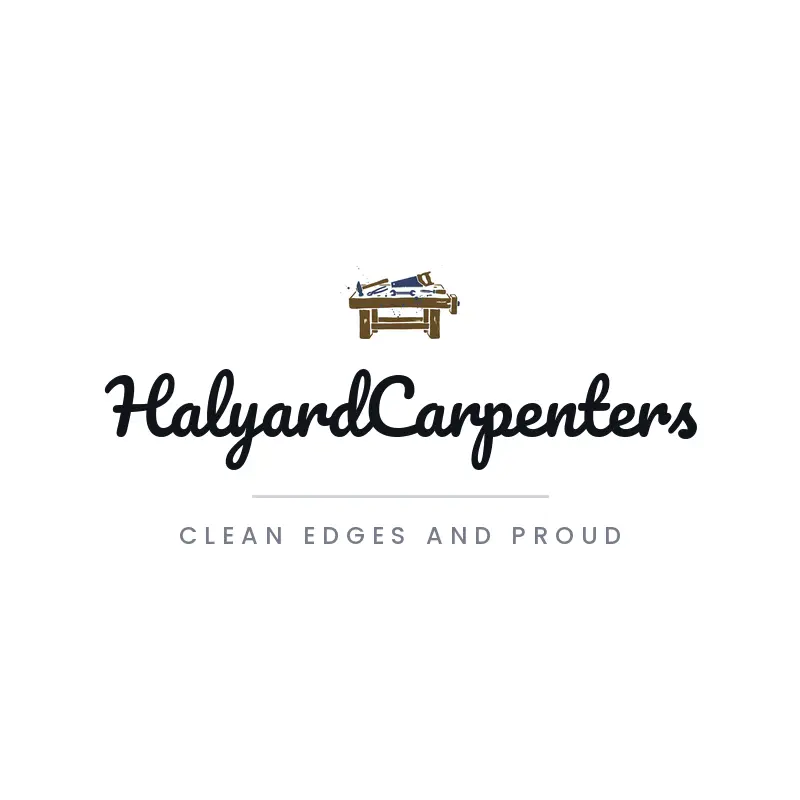 Brush script wooden workbench and tools logo for HalyardCarpenters