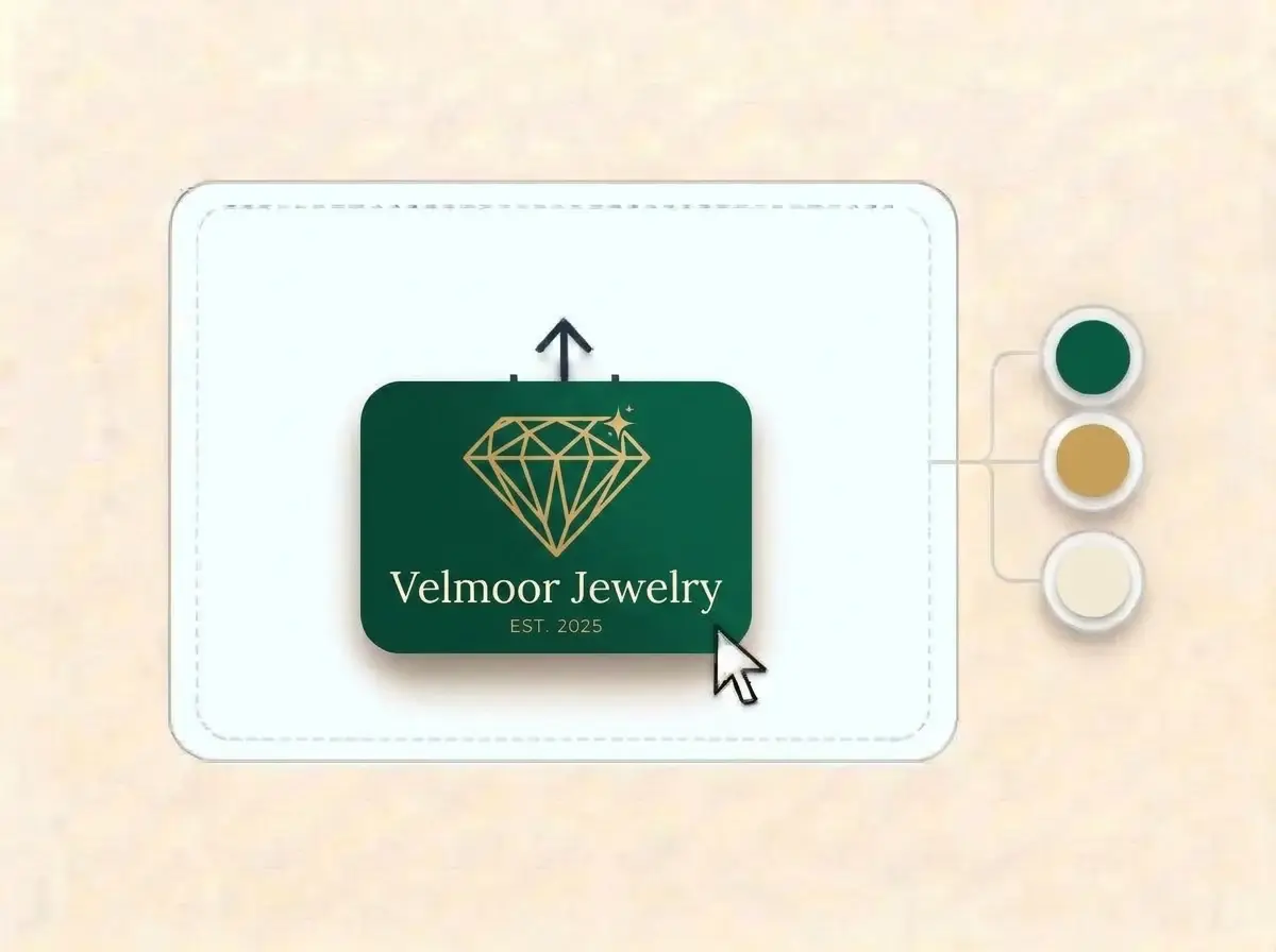 Velmoor Jewelry logo, a gold faceted diamond outline on an emerald green card, dropped into the LOGO.com upload box with its colors shown as swatches