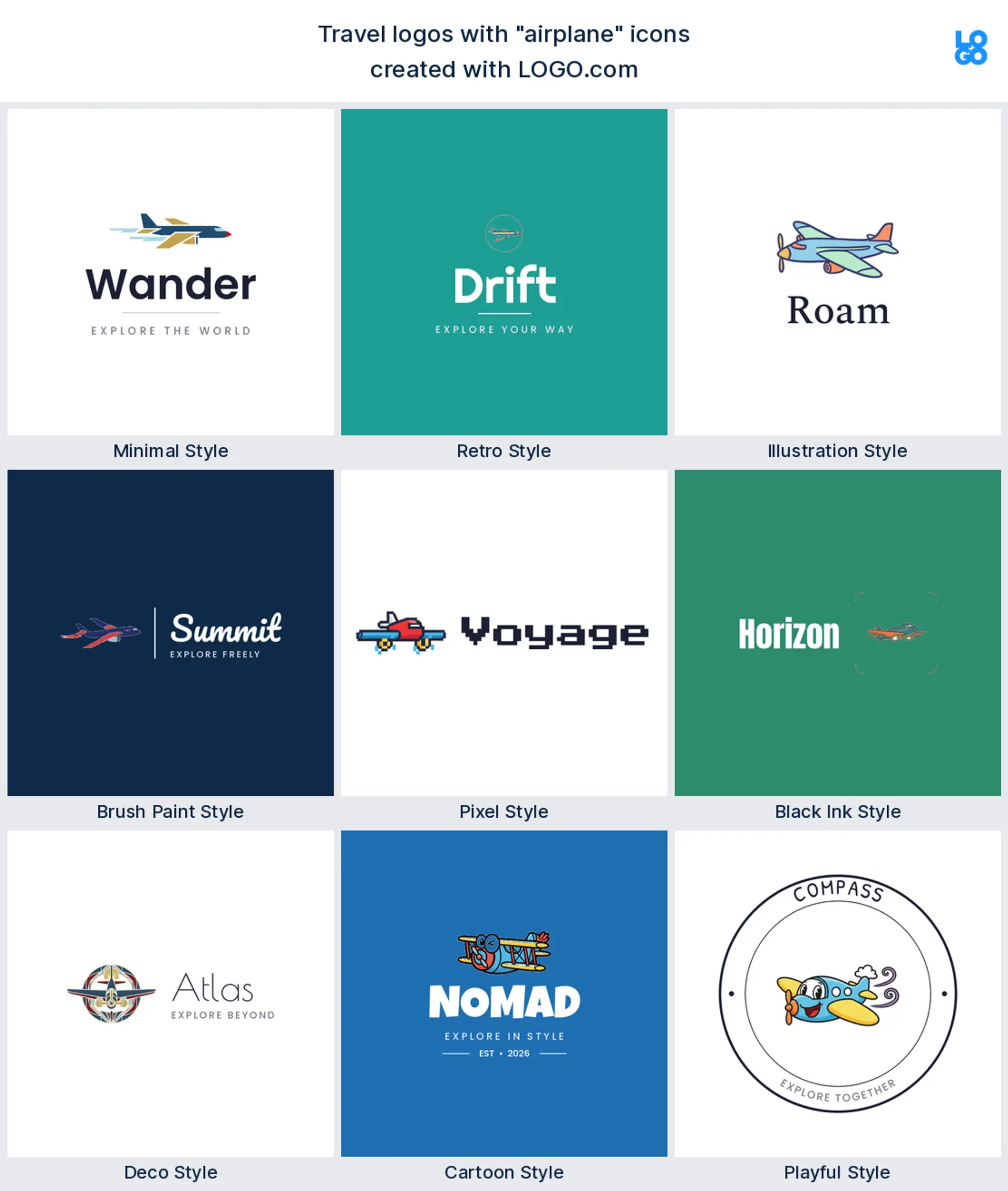 Airplane travel logo shown in nine LOGO.com styles
