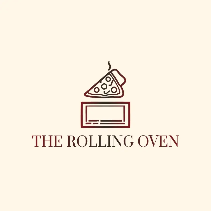 The pizza shop name The Rolling Oven as a branded logo with a single color icon