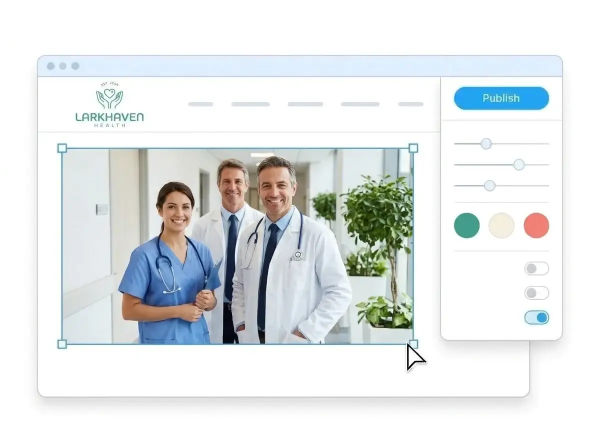 Editing the Larkhaven Health website with a photo of a nurse and two doctors selected, the style panel open and the Publish button ready