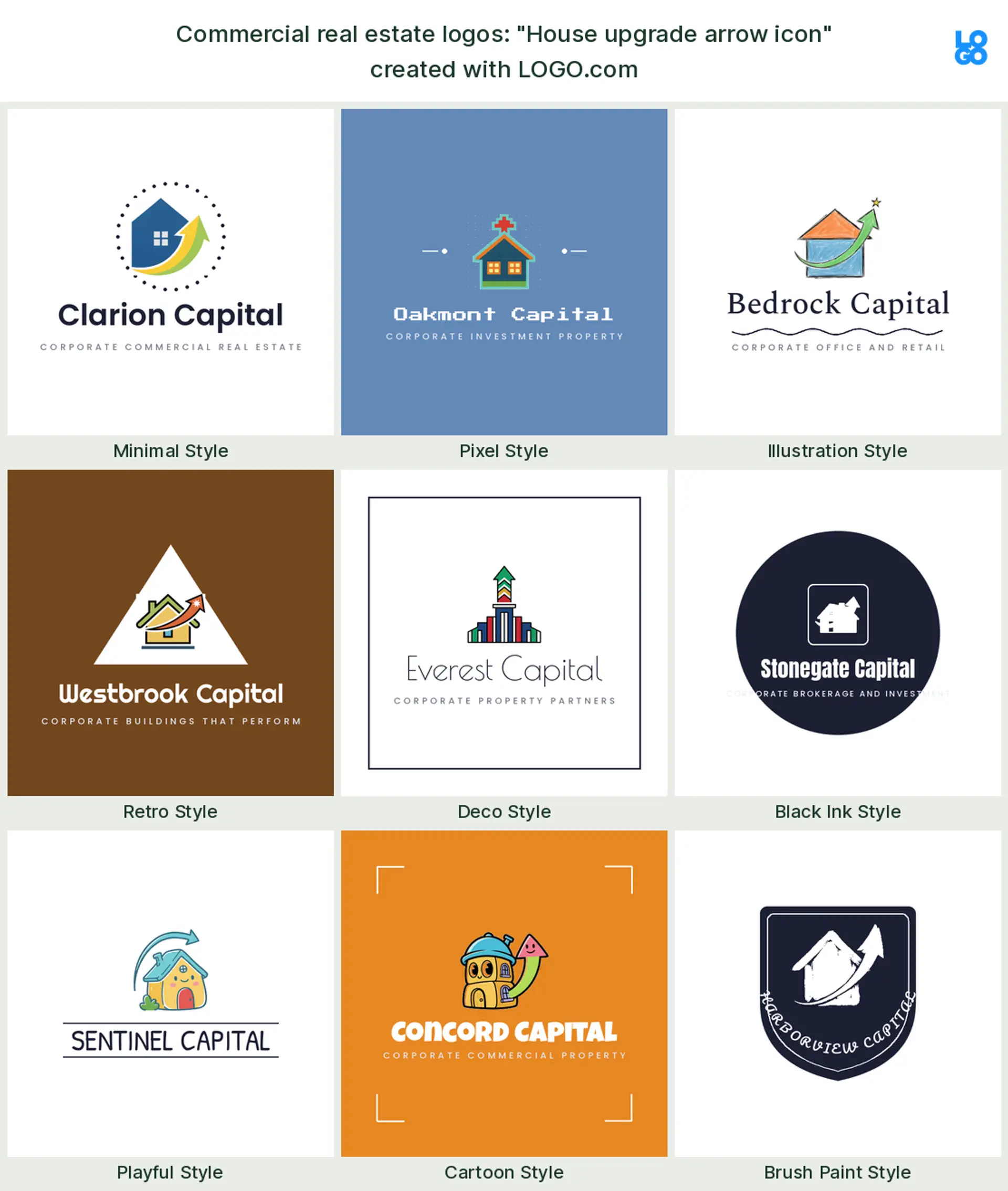 The "House upgrade arrow icon" commercial real estate logo idea, shown across nine styles on LOGO.com
