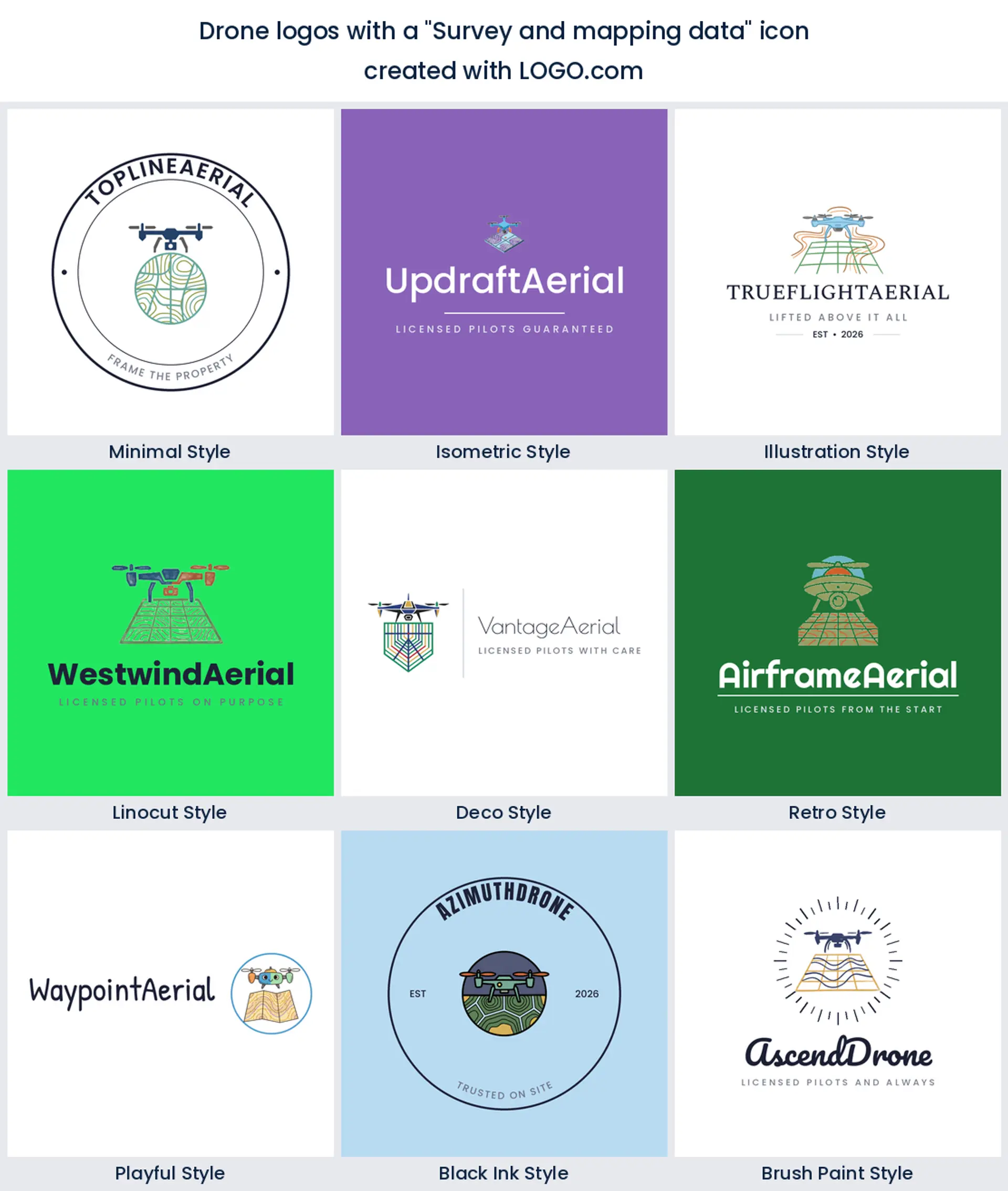 Survey and mapping data drone logo shown across nine LOGO.com styles