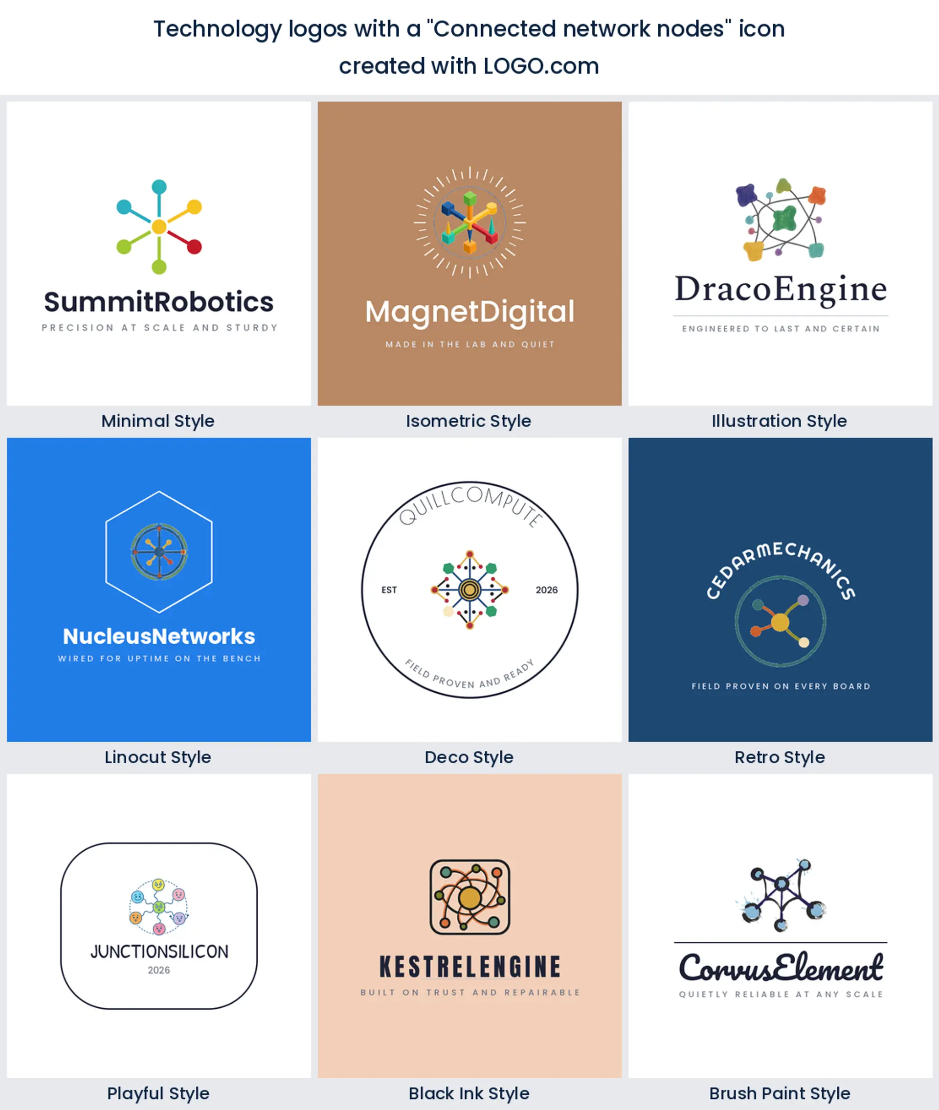 Connected network nodes technology logo shown in nine LOGO.com styles.