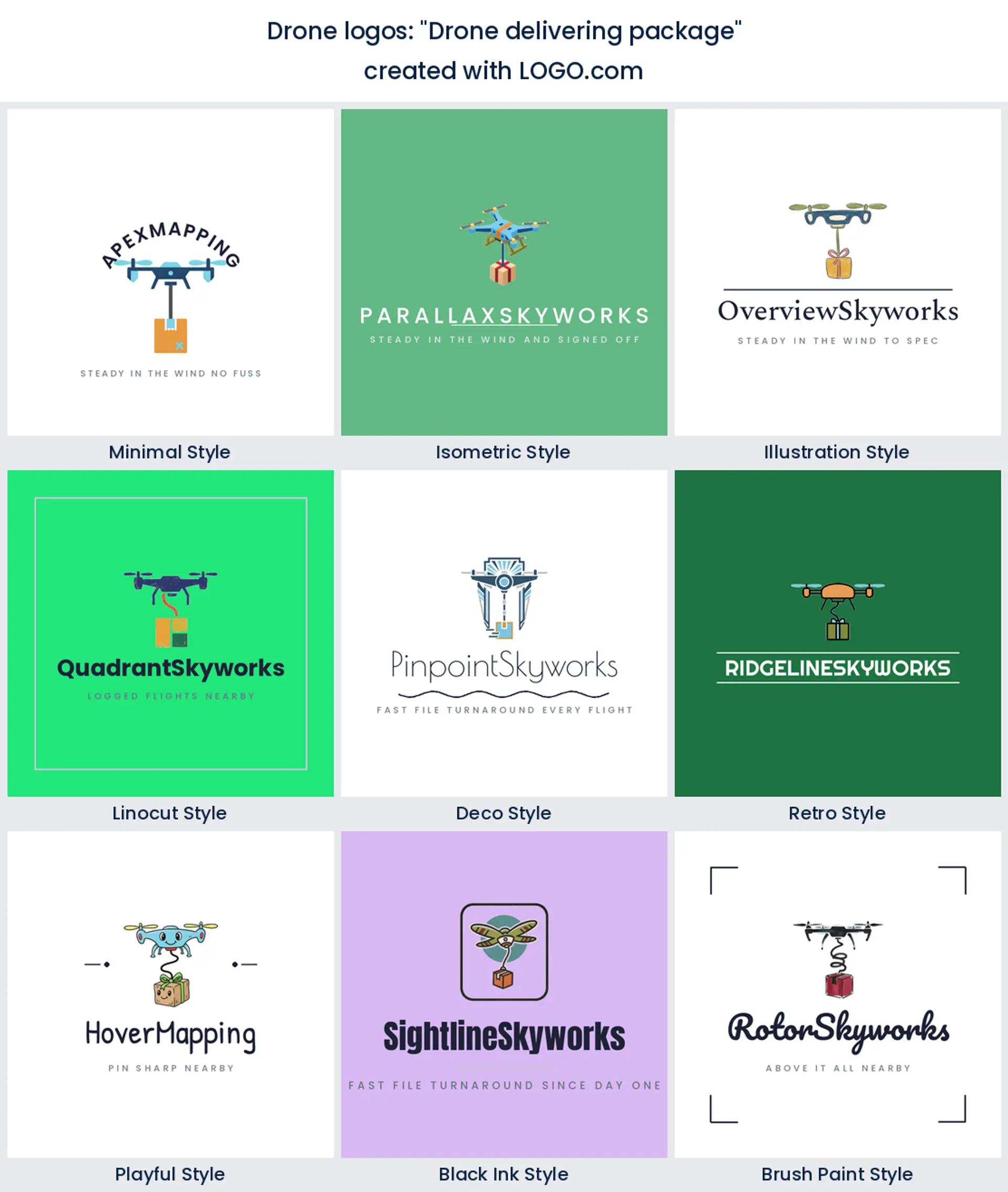 Drone delivering a package logo shown across nine LOGO.com styles