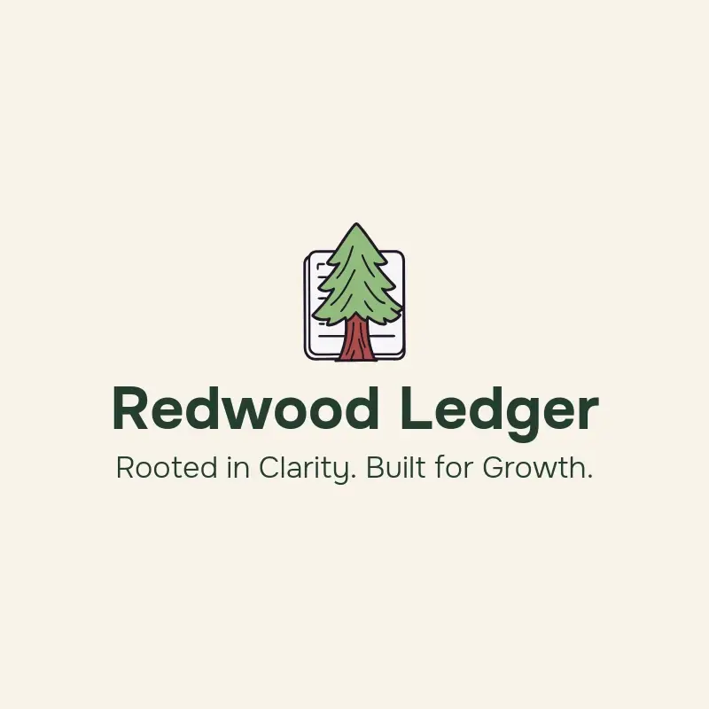 The bookkeeping name Redwood Ledger as a branded logo with a color icon