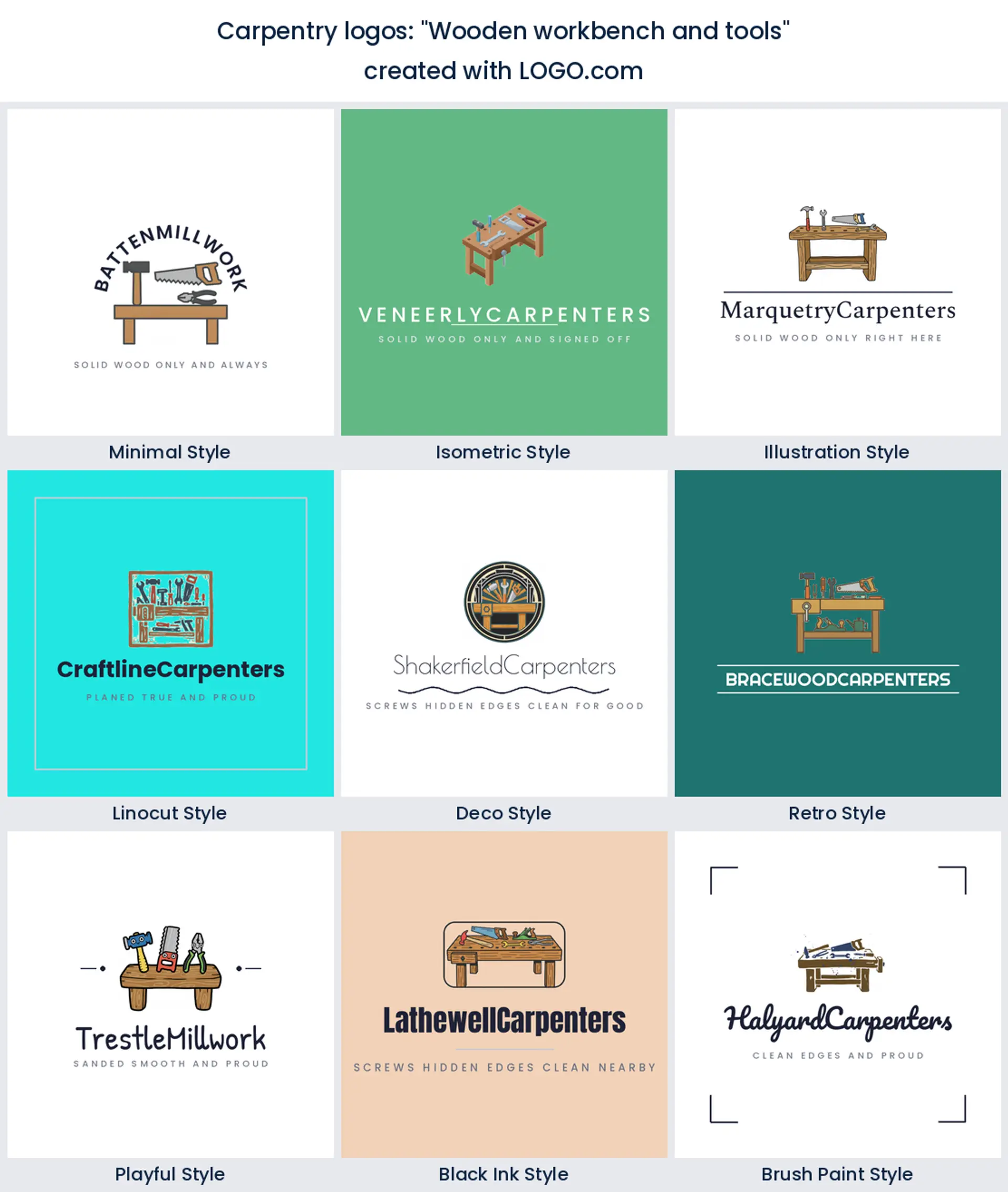 Wooden workbench and tools logo shown across nine LOGO.com styles