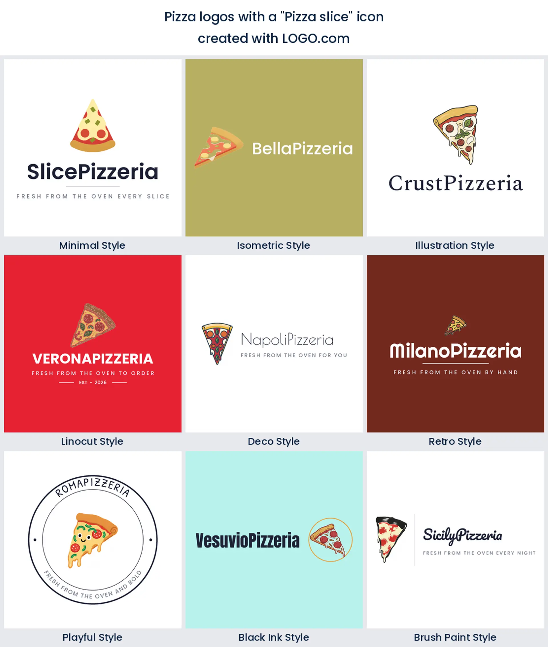Pizza slice logo shown in nine LOGO.com styles.