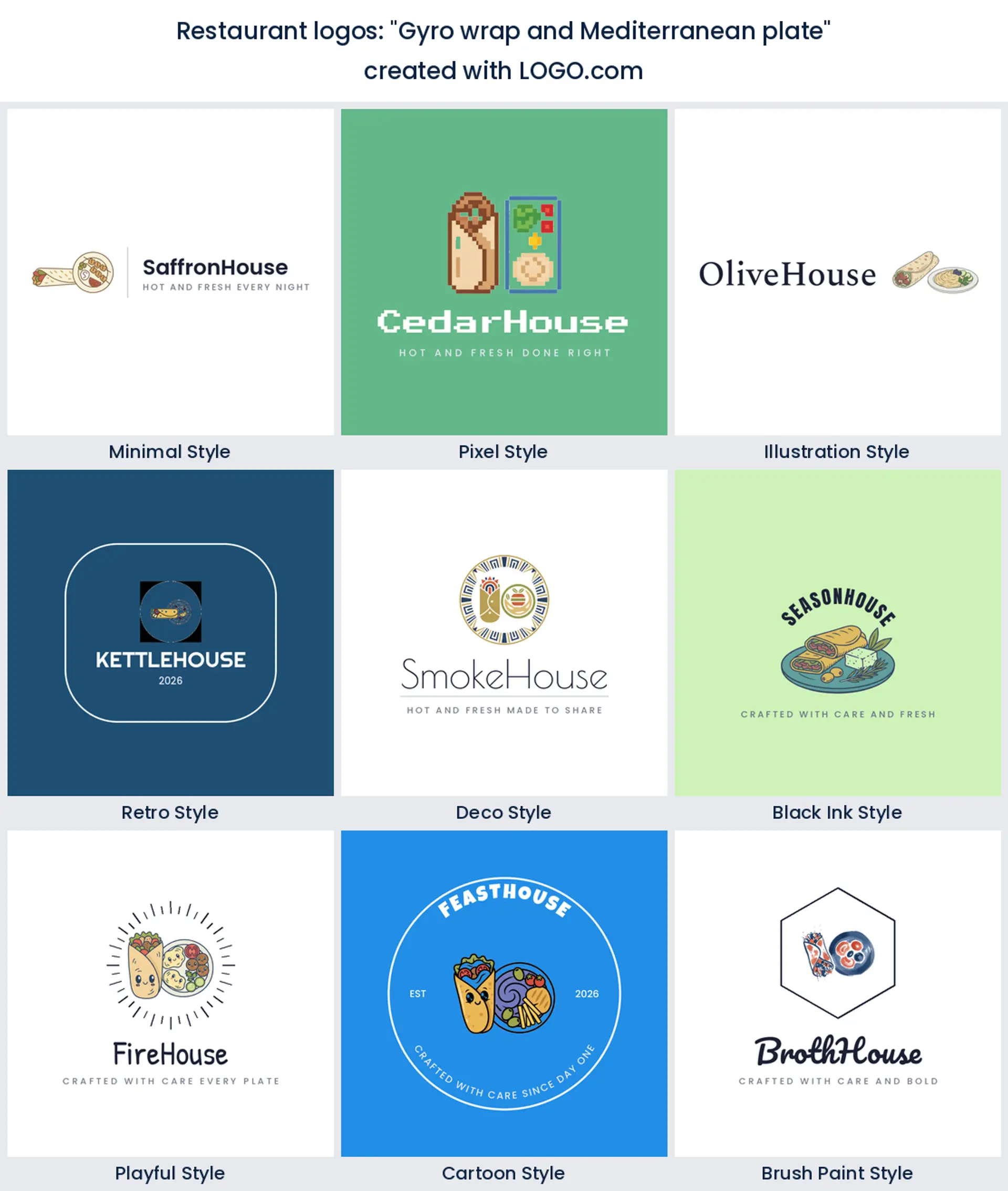 Gyro wrap and Mediterranean plate restaurant logo in nine styles.