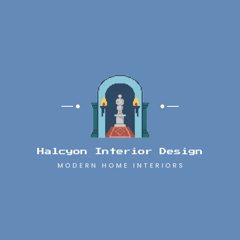 A gallery archway with vintage decor, a luxury interior design logo in a pixel style
