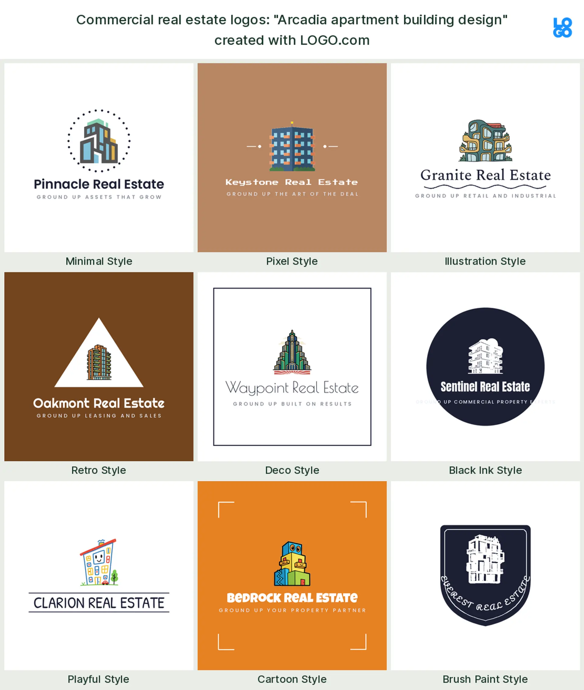 The "Arcadia apartment building design" commercial real estate logo idea, shown across nine styles on LOGO.com