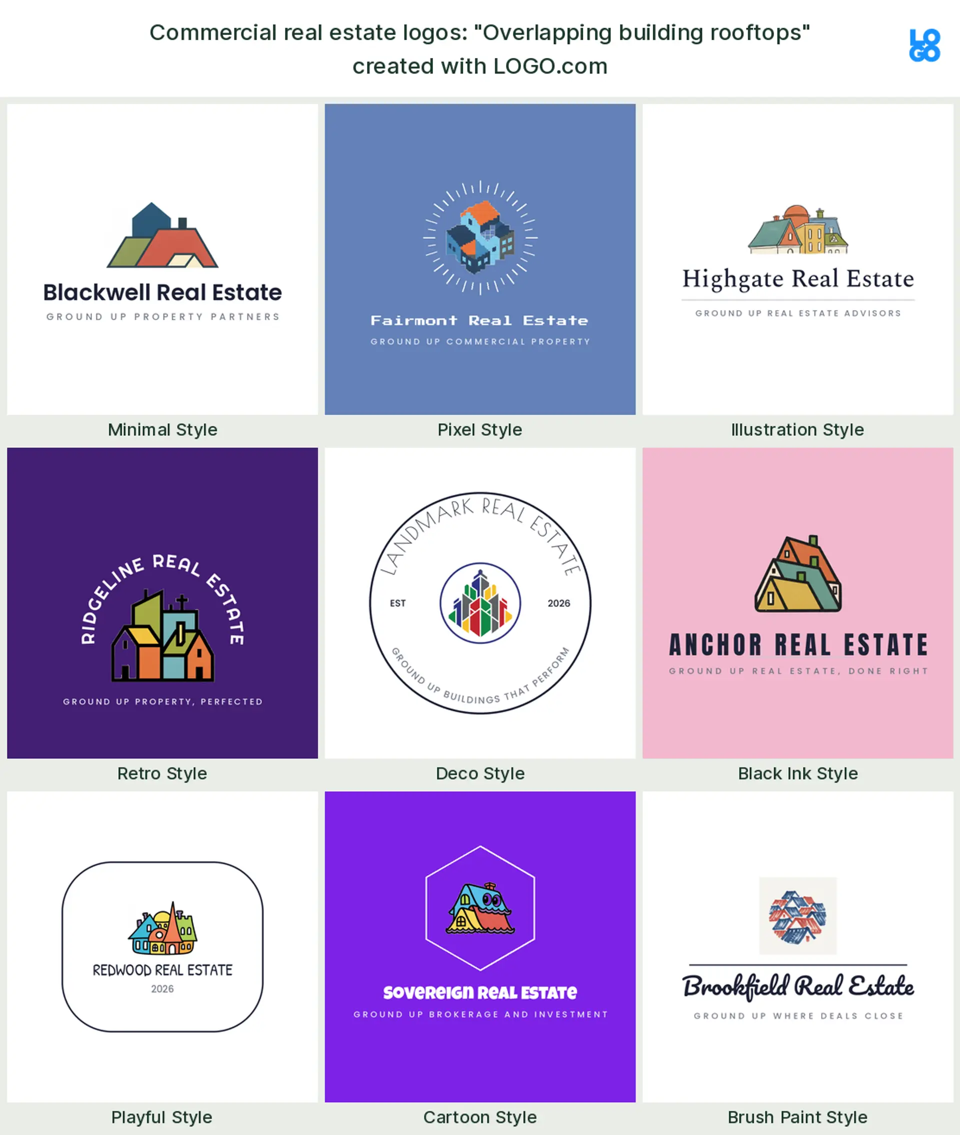 The "Overlapping building rooftops" commercial real estate logo idea, shown across nine styles on LOGO.com