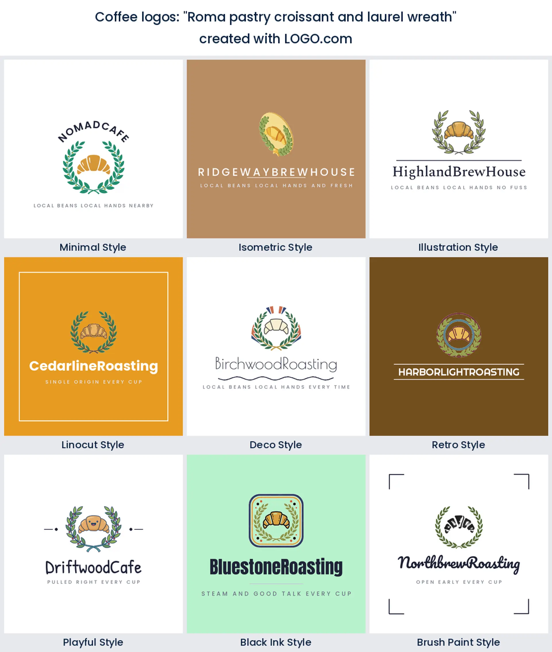 Roma pastry croissant and laurel wreath coffee logo idea shown in nine LOGO.com styles