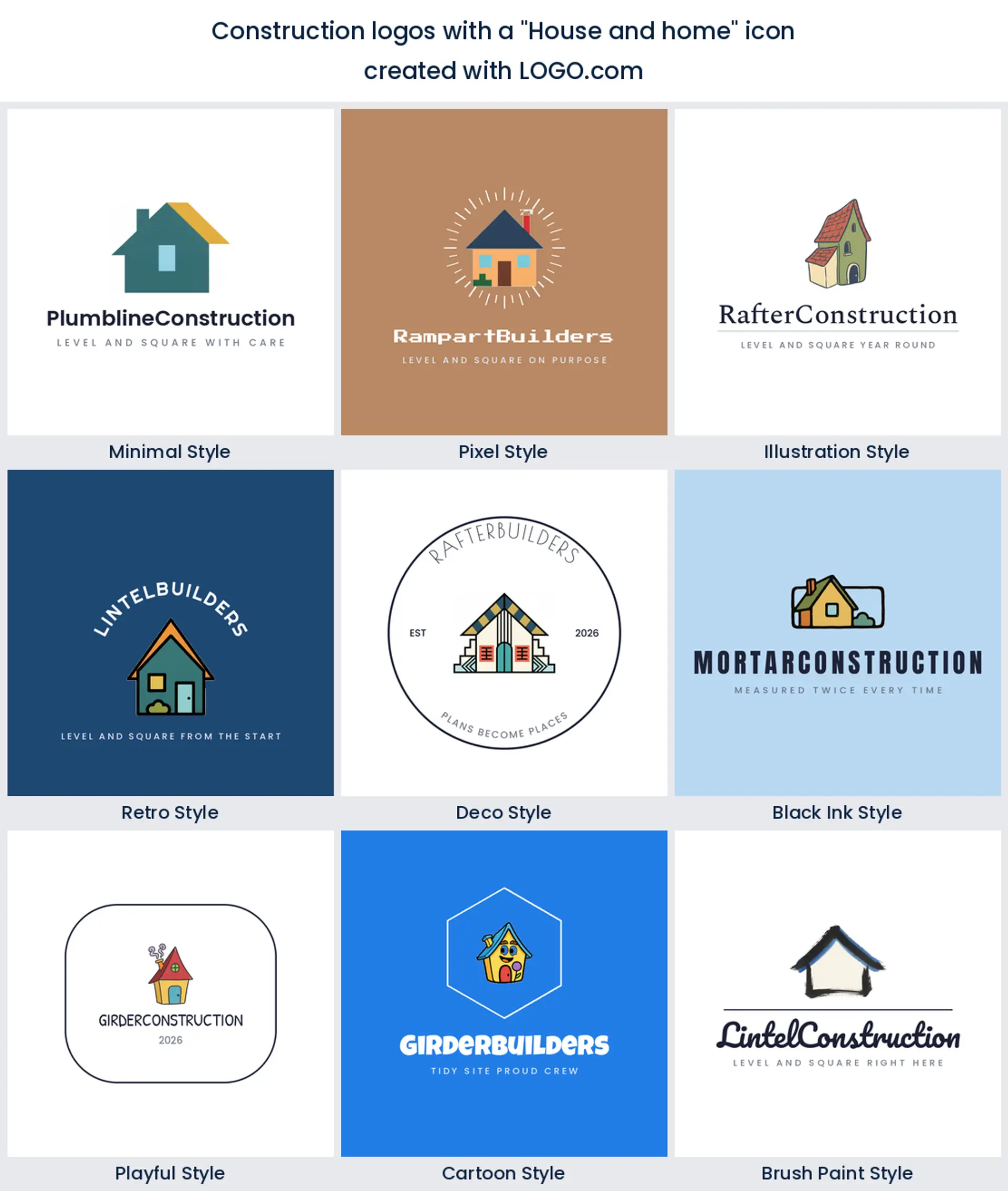 House and home icon for a construction brand, shown in nine LOGO.com styles