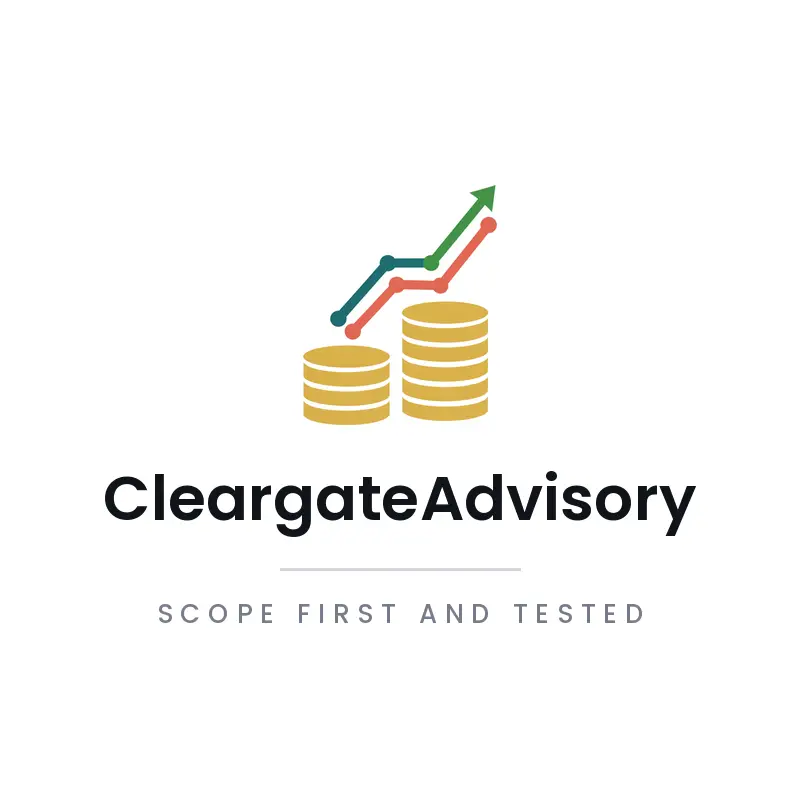 Minimal financial consulting logo for CleargateAdvisory with a stack of coins rising into a climbing graph line