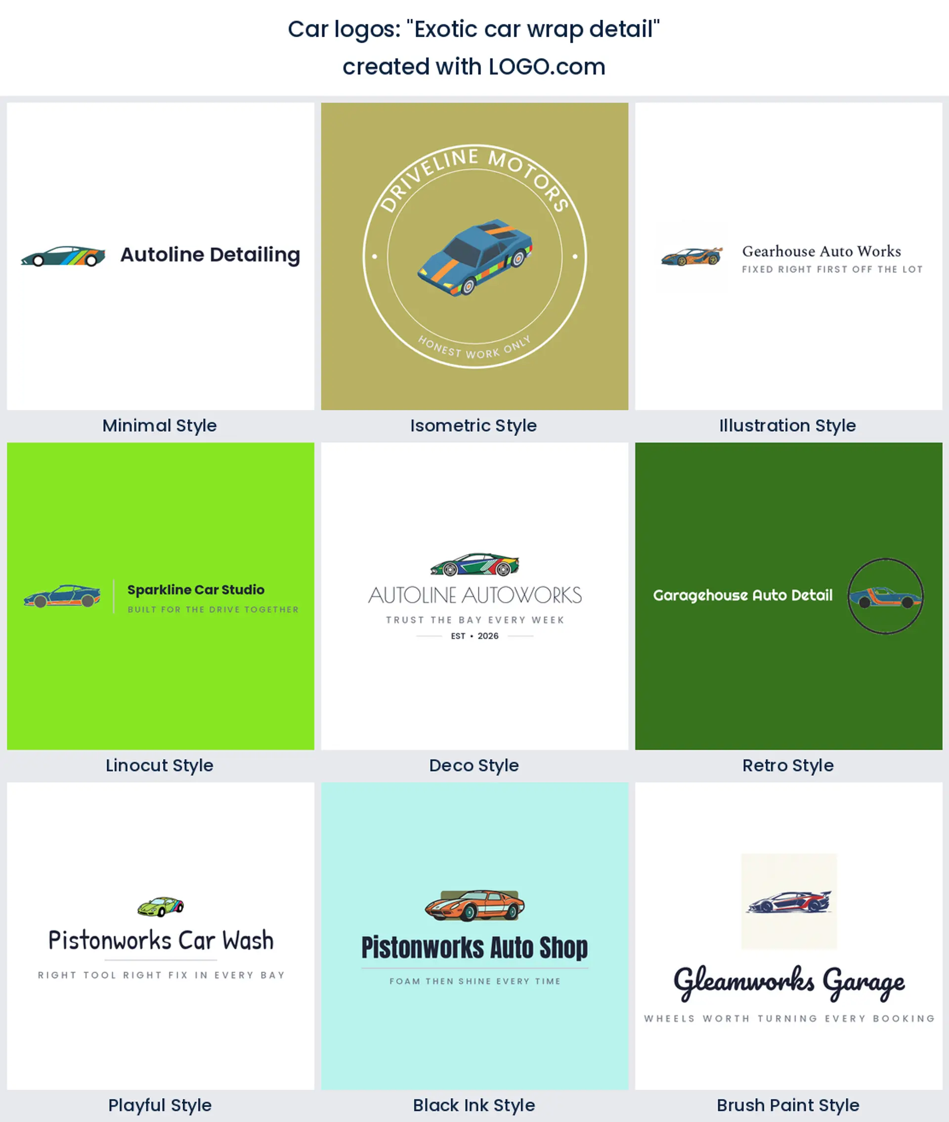 Nine vehicle wrap logos of an exotic car with a wrap stripe, in nine styles.