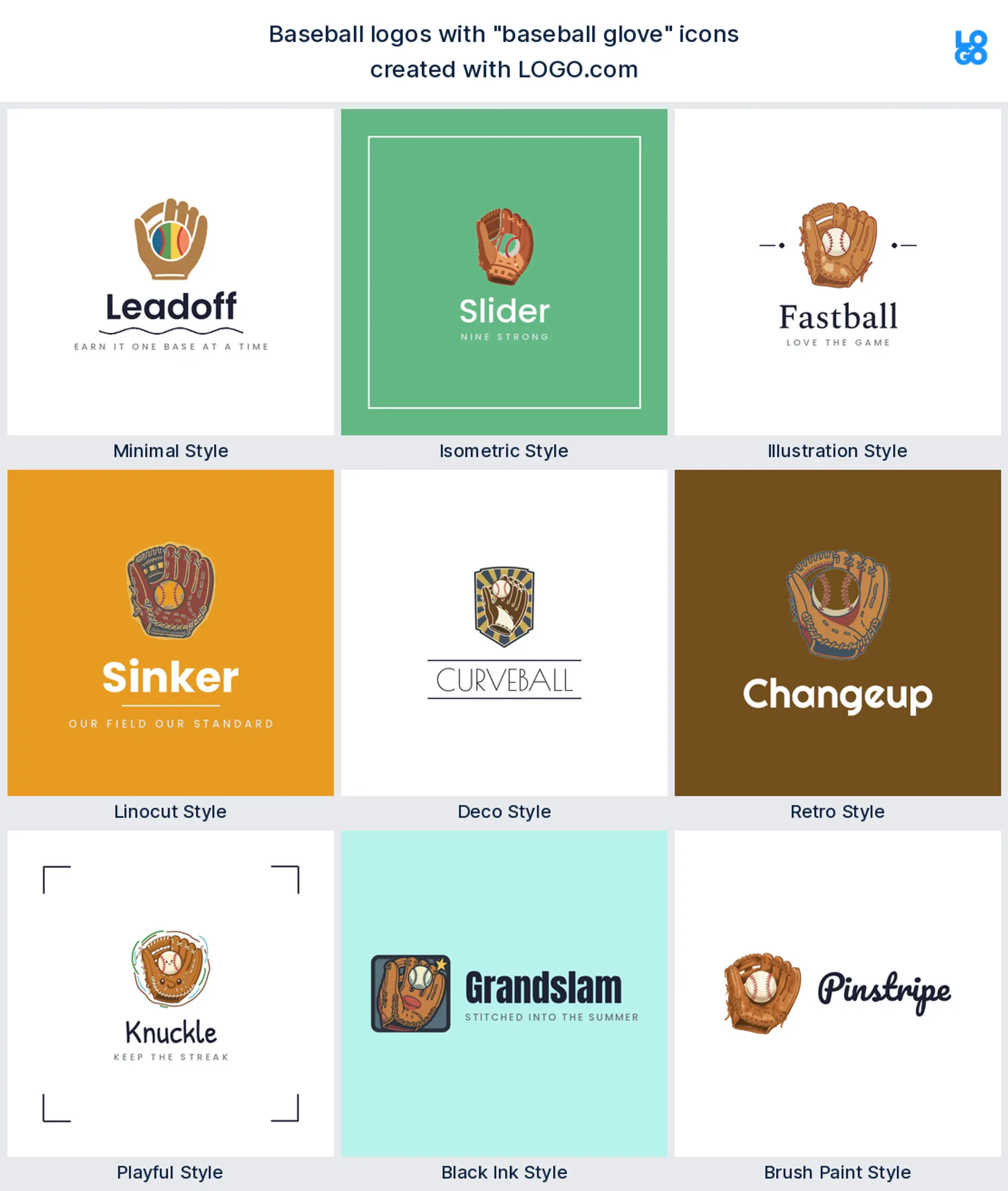 Baseball glove logo shown in nine LOGO.com styles