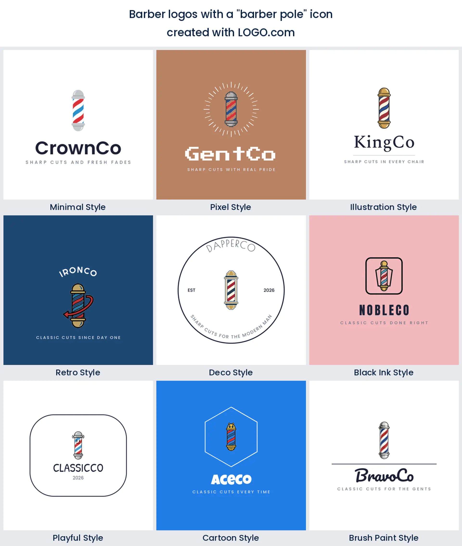 Barber pole logo shown in nine LOGO.com styles.