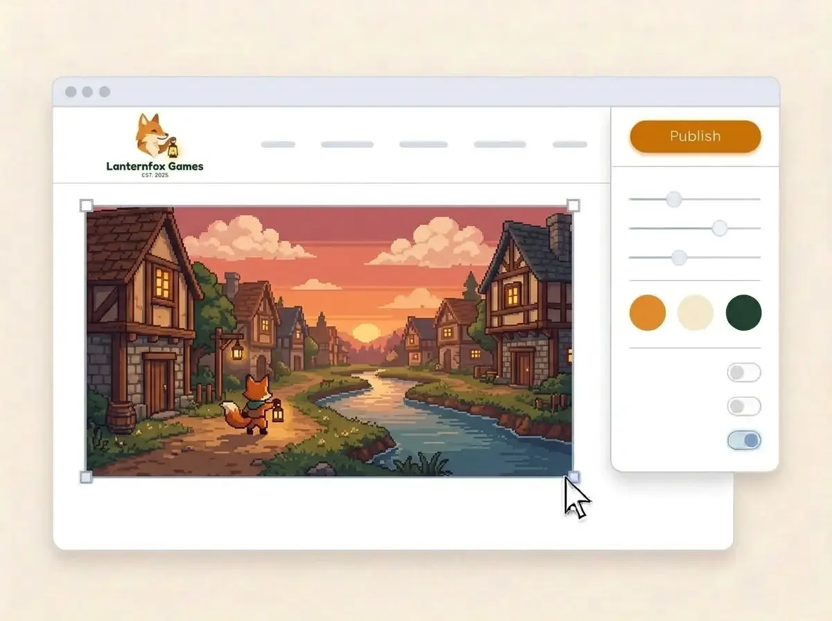 Editing the Lanternfox Games website with a pixel art screenshot of a fox exploring a riverside village selected, the style panel open and the Publish button ready