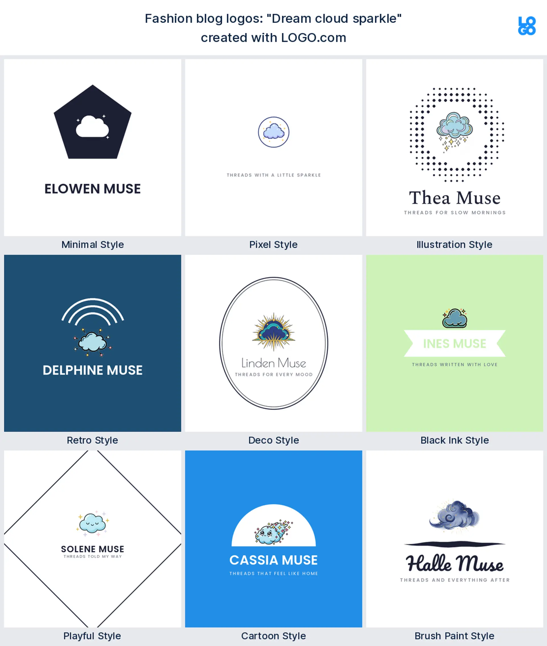 The "Dream cloud sparkle" logo idea shown across nine LOGO.com styles