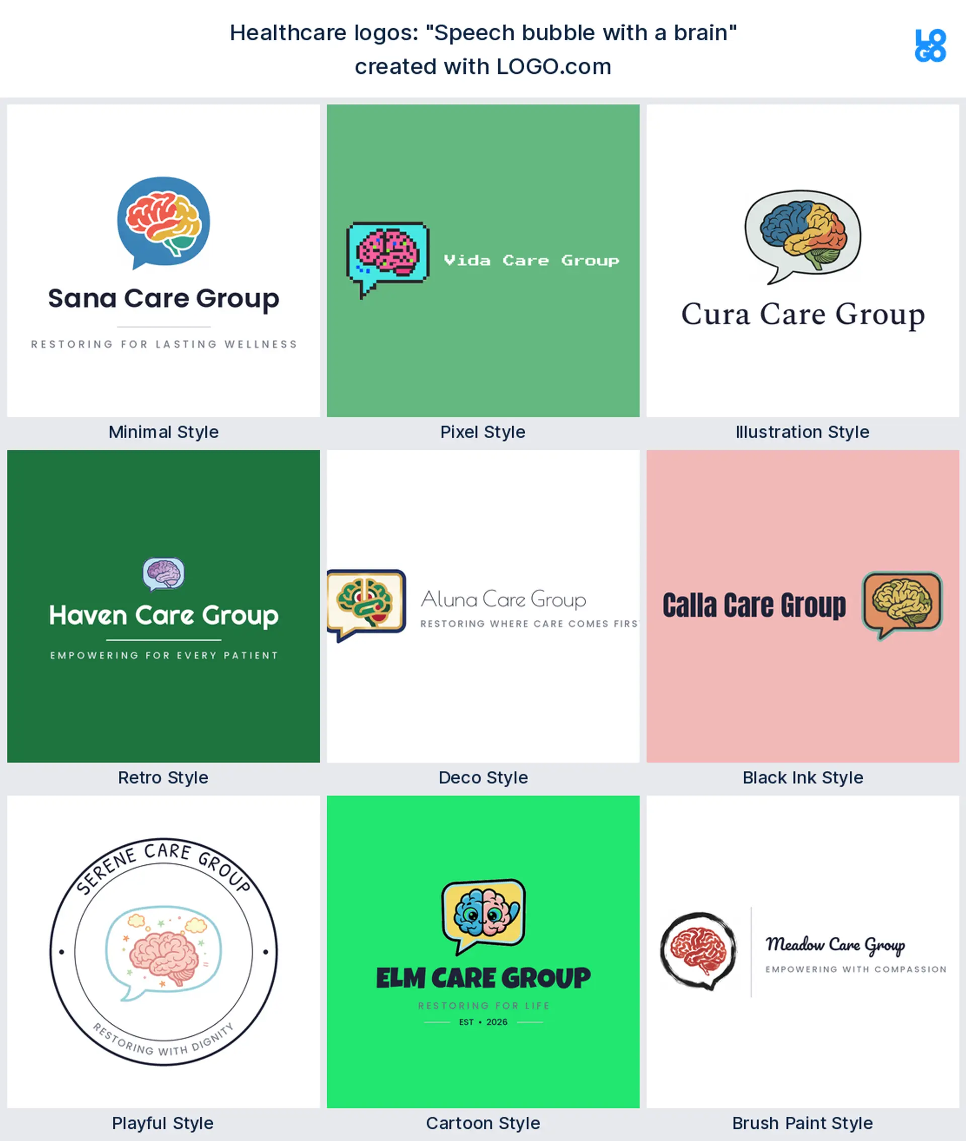 The "Speech bubble with a brain" healthcare logo idea shown across nine LOGO.com styles