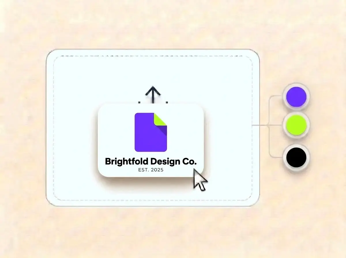 Brightfold Design Co. logo, an electric violet square with a lime folded corner on a white card, dropped into the LOGO.com upload box with its colors split into swatches
