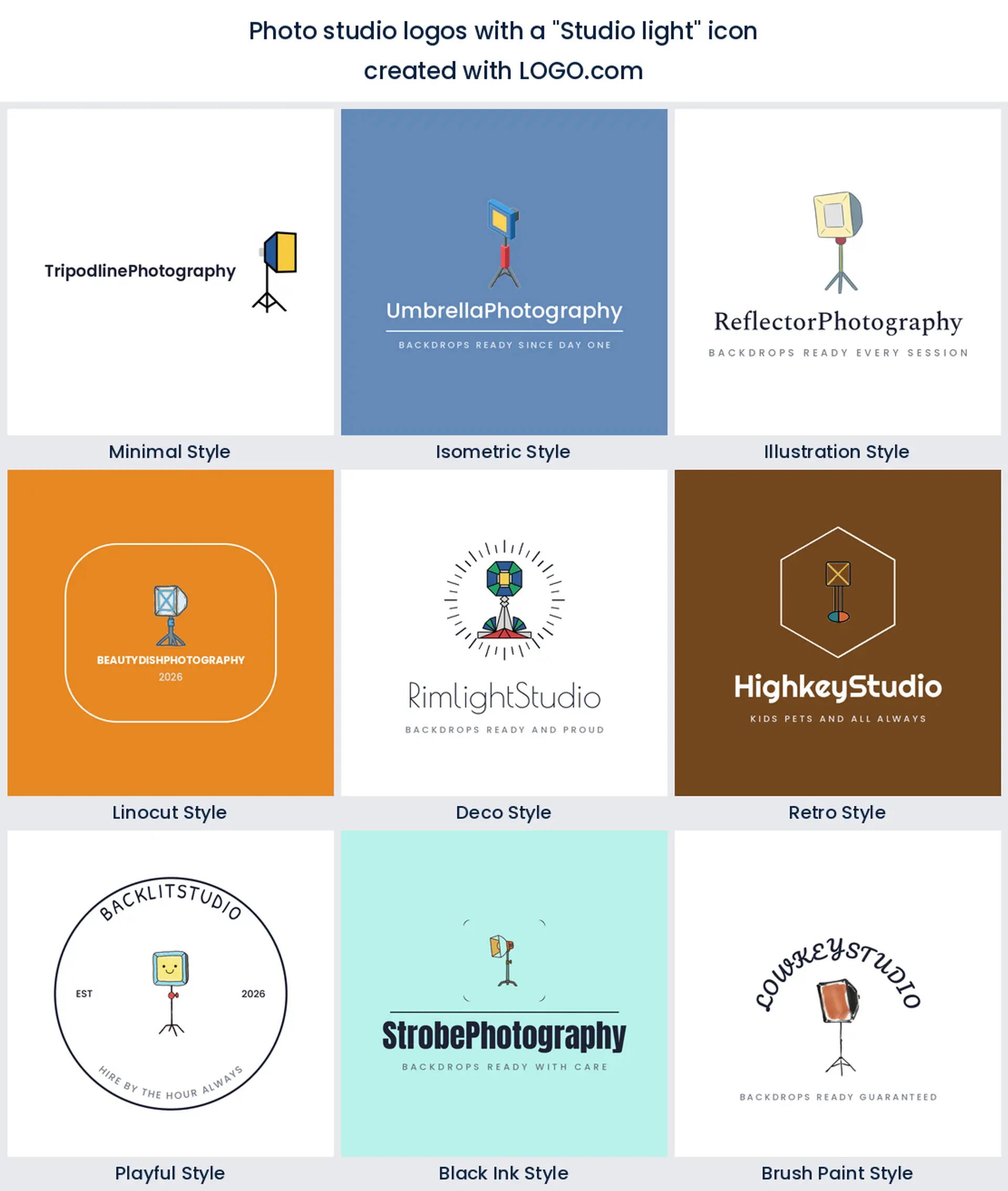 Photo studio logos with a studio softbox light icon in nine styles