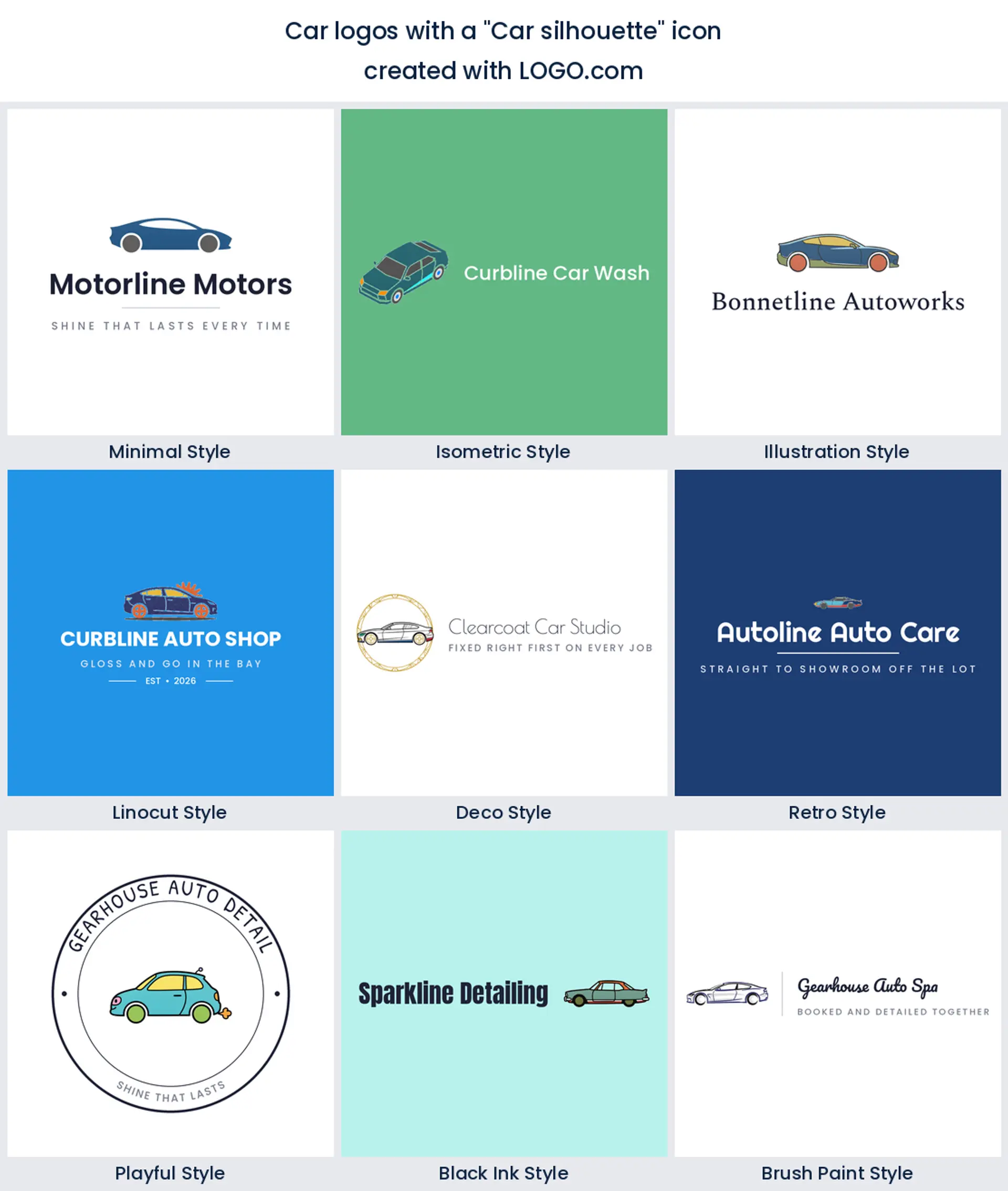 Nine car logos built around a car silhouette icon, shown in nine different styles.