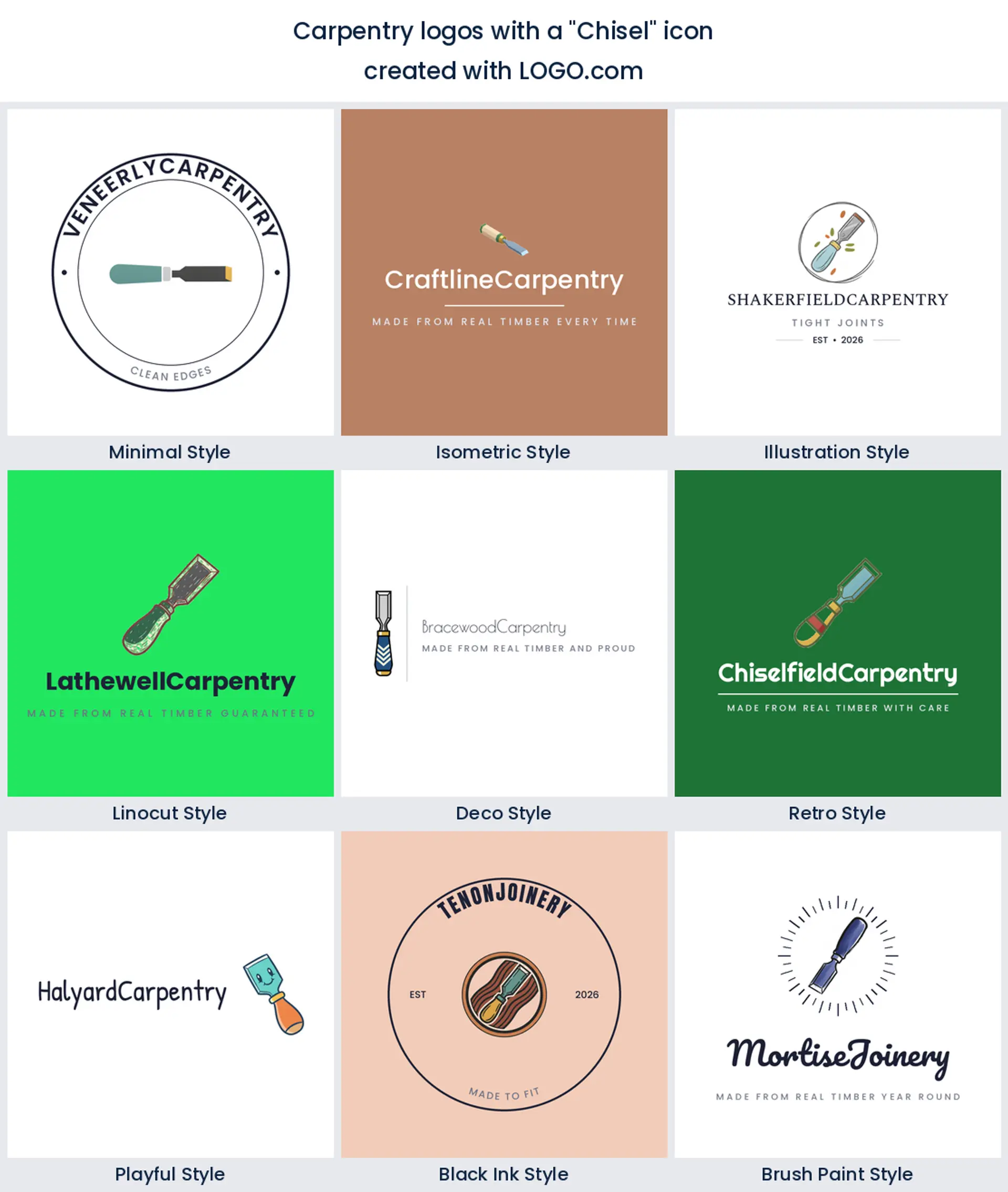 Chisel carpentry logo shown across nine LOGO.com styles