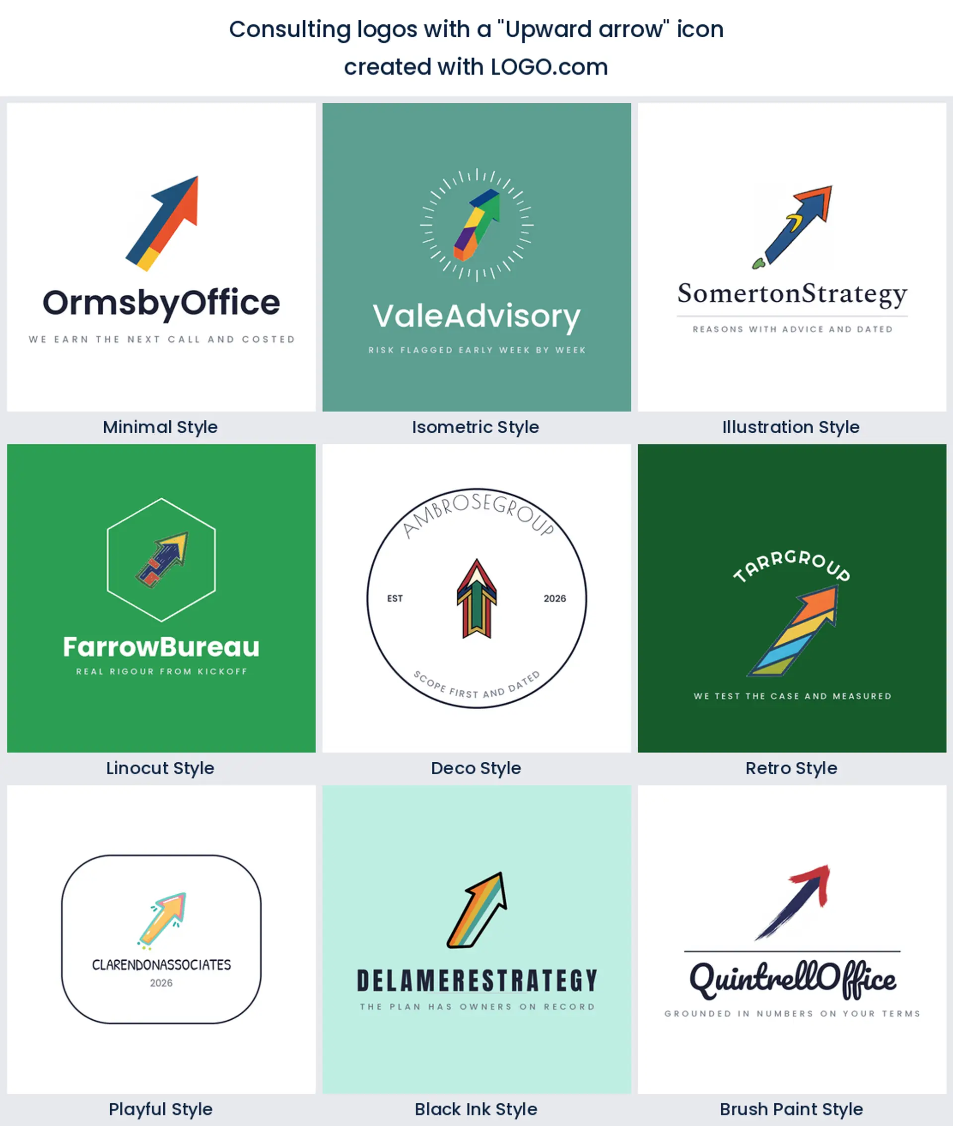 Nine styles of consulting logo built on a single upward arrow