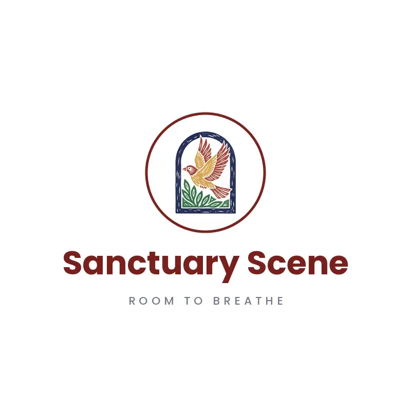 The church name Sanctuary Scene as a branded logo in a linocut style
