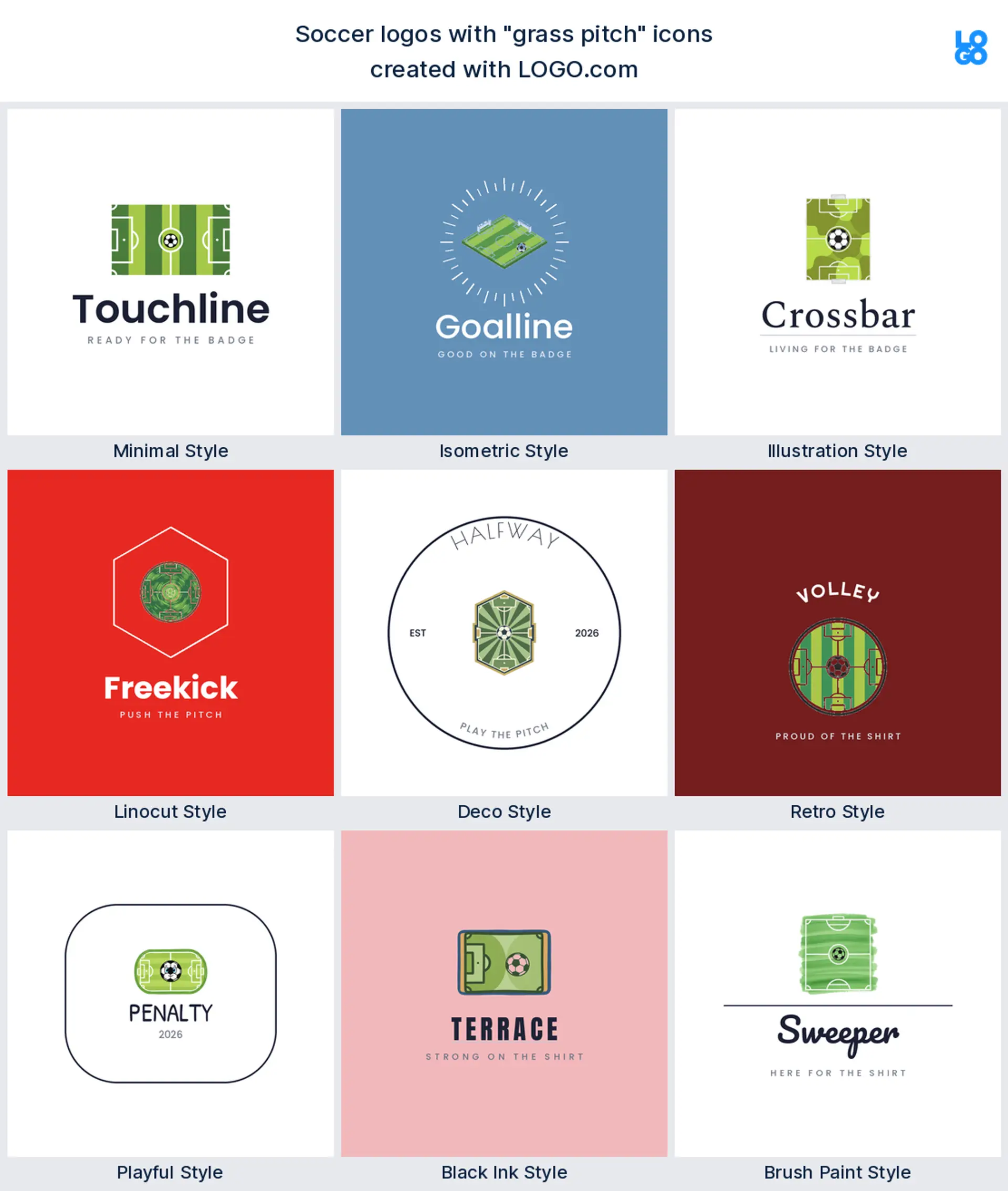 Grass pitch soccer logo shown in nine LOGO.com styles