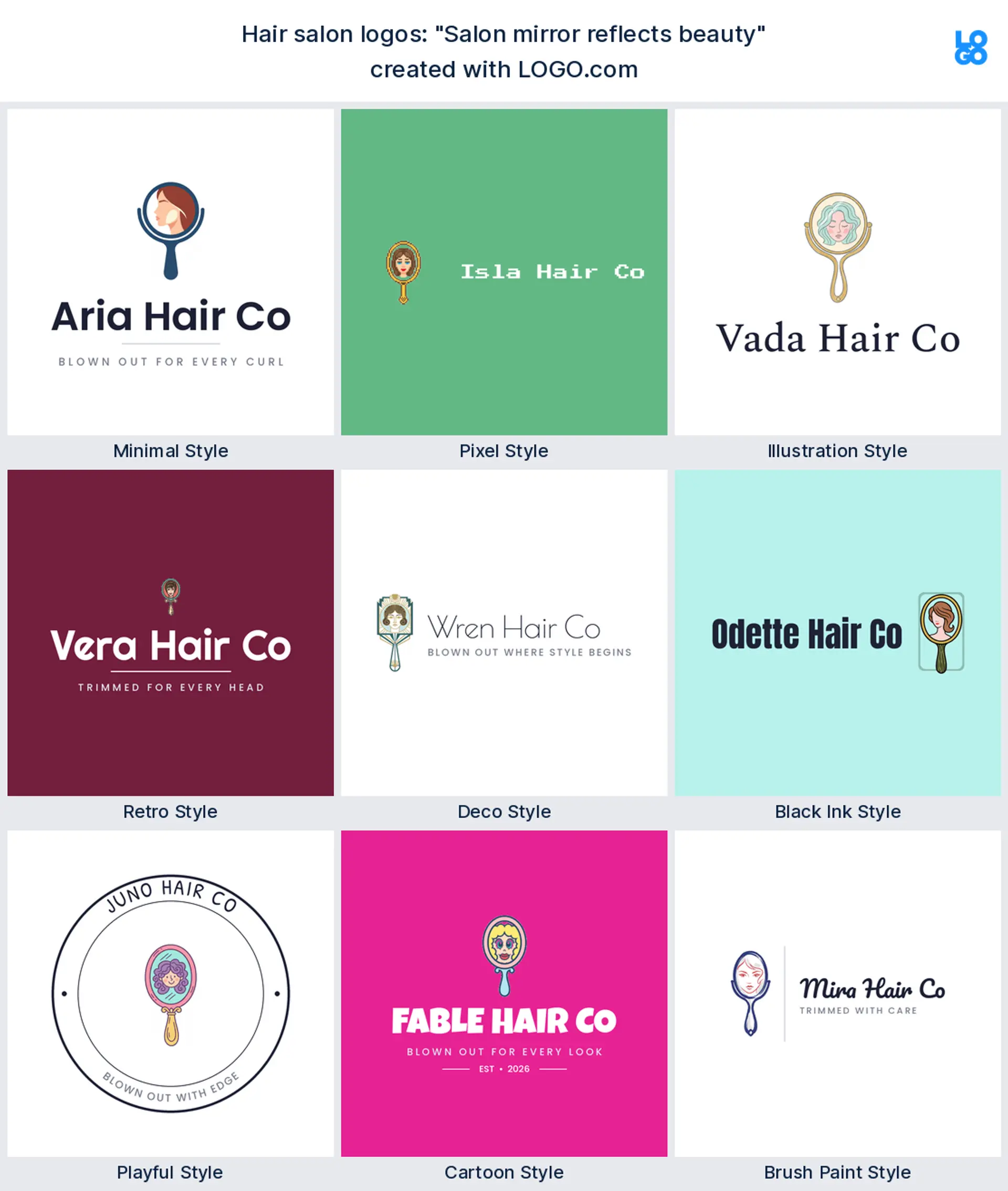 The "Salon mirror reflects beauty" hair salon logo idea shown across nine LOGO.com styles