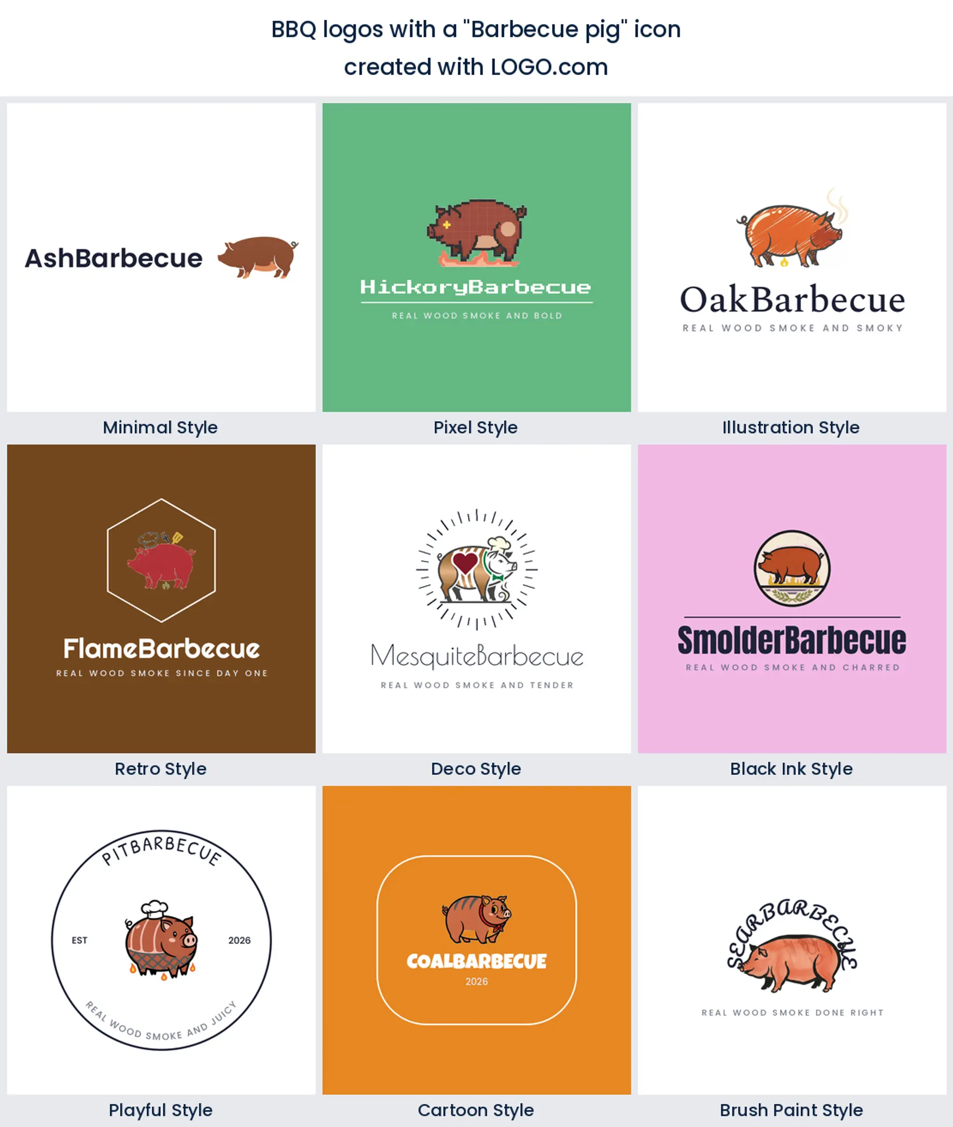 Barbecue pig bbq logo shown in nine LOGO.com styles.