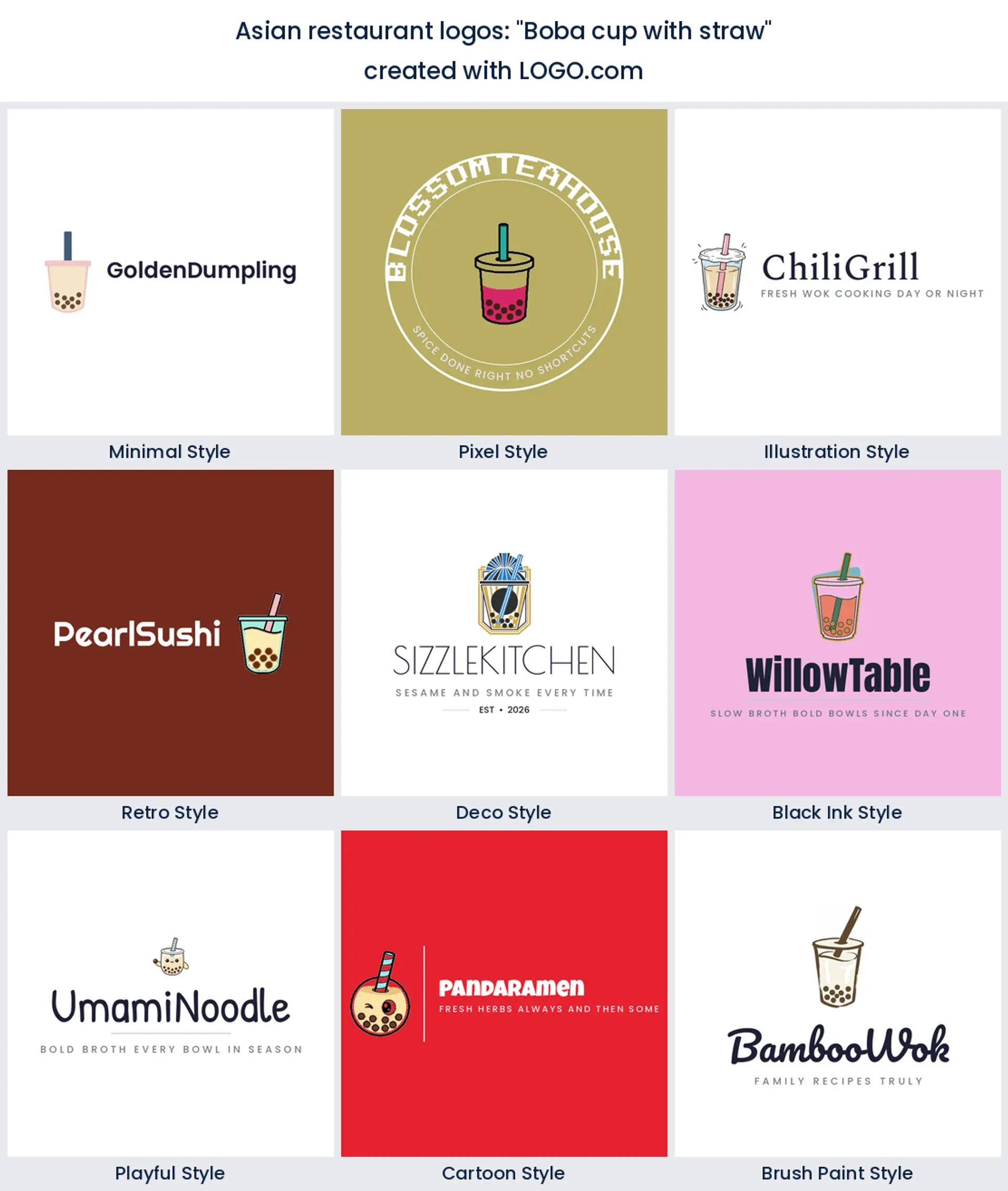 Boba cup with straw Asian restaurant logo in nine styles.