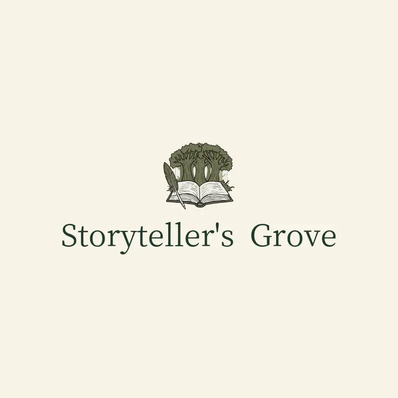 The pen name Storyteller's Grove as a branded logo with a single color icon