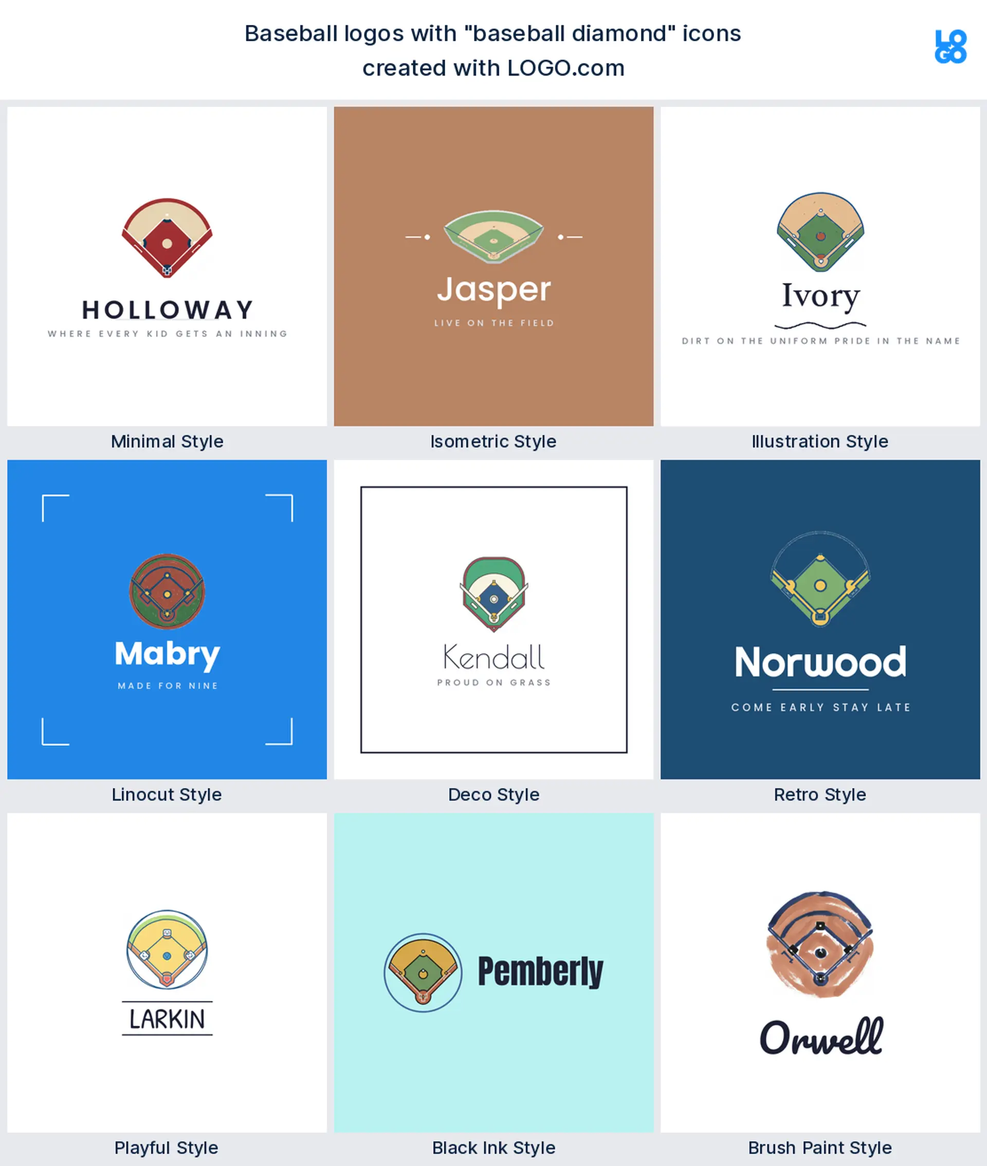 Baseball diamond logo shown in nine LOGO.com styles