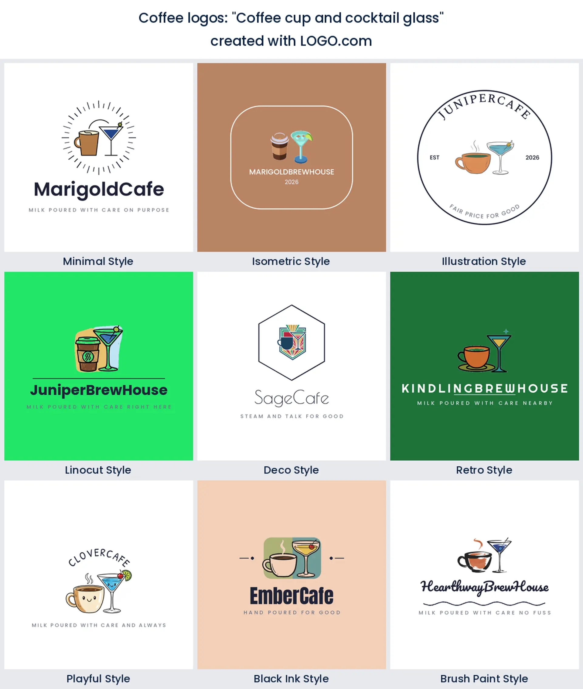 Coffee cup and cocktail glass coffee logo idea shown in nine LOGO.com styles