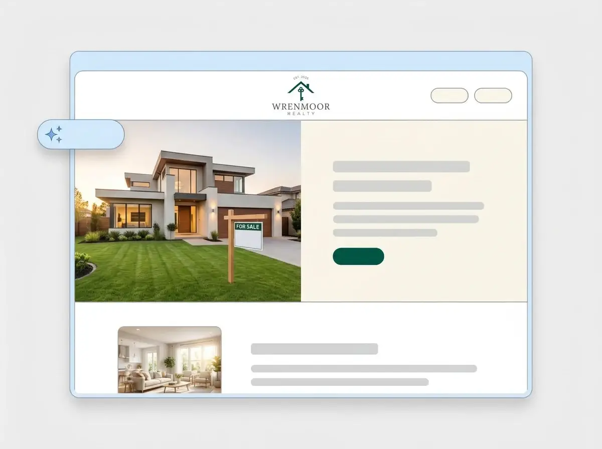 Finished Wrenmoor Realty website built by LOGO.com from the uploaded logo, with a modern family home for sale in the hero and a bright living room thumbnail