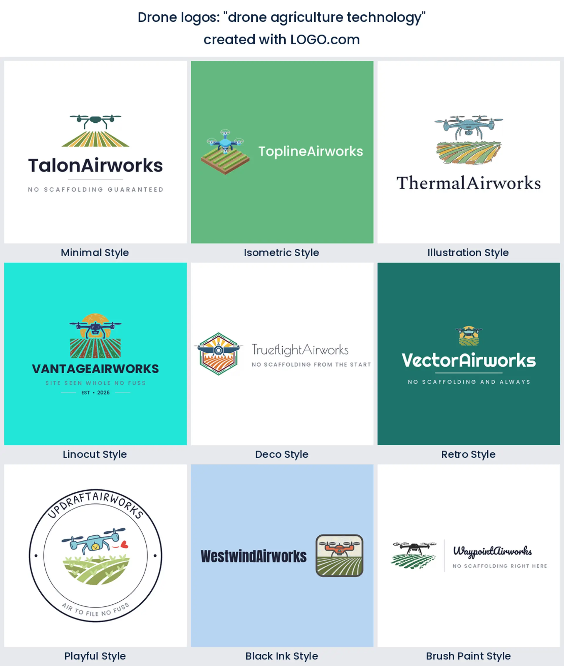 Drone over crop rows agriculture logo shown across nine LOGO.com styles