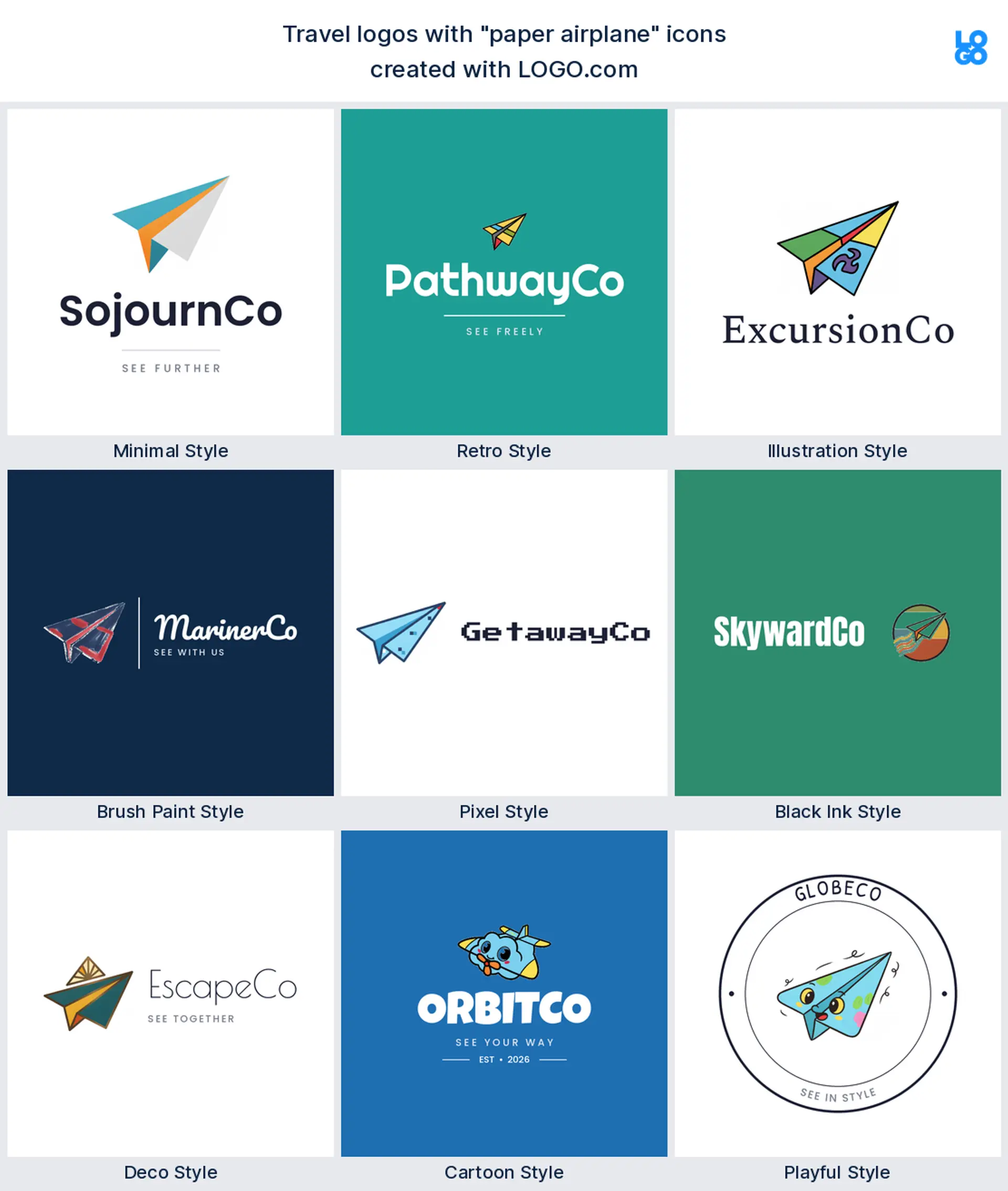 Paper airplane, minimal travel logo shown in nine LOGO.com styles