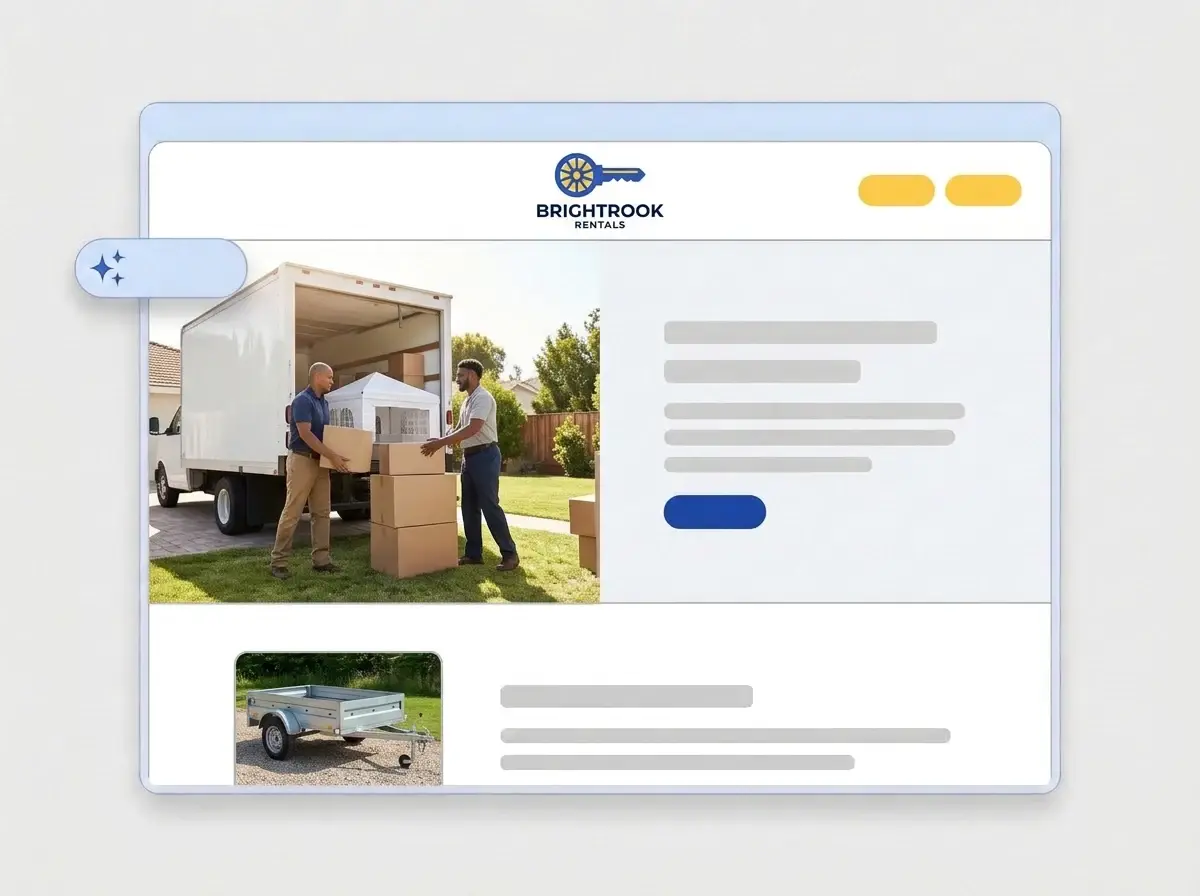 Finished Brightrook Rentals website built by LOGO.com from the uploaded logo, with a rental crew unloading a party tent in the hero and a trailer thumbnail