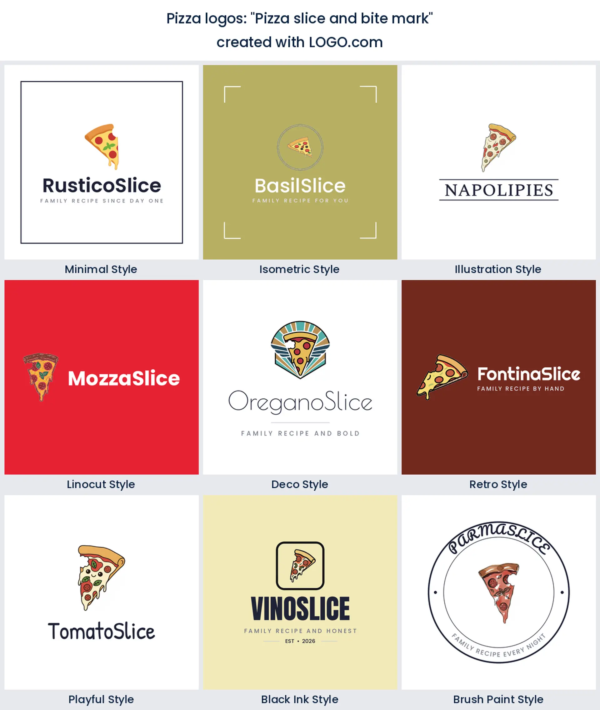 Pizza slice and bite mark logo in nine styles.