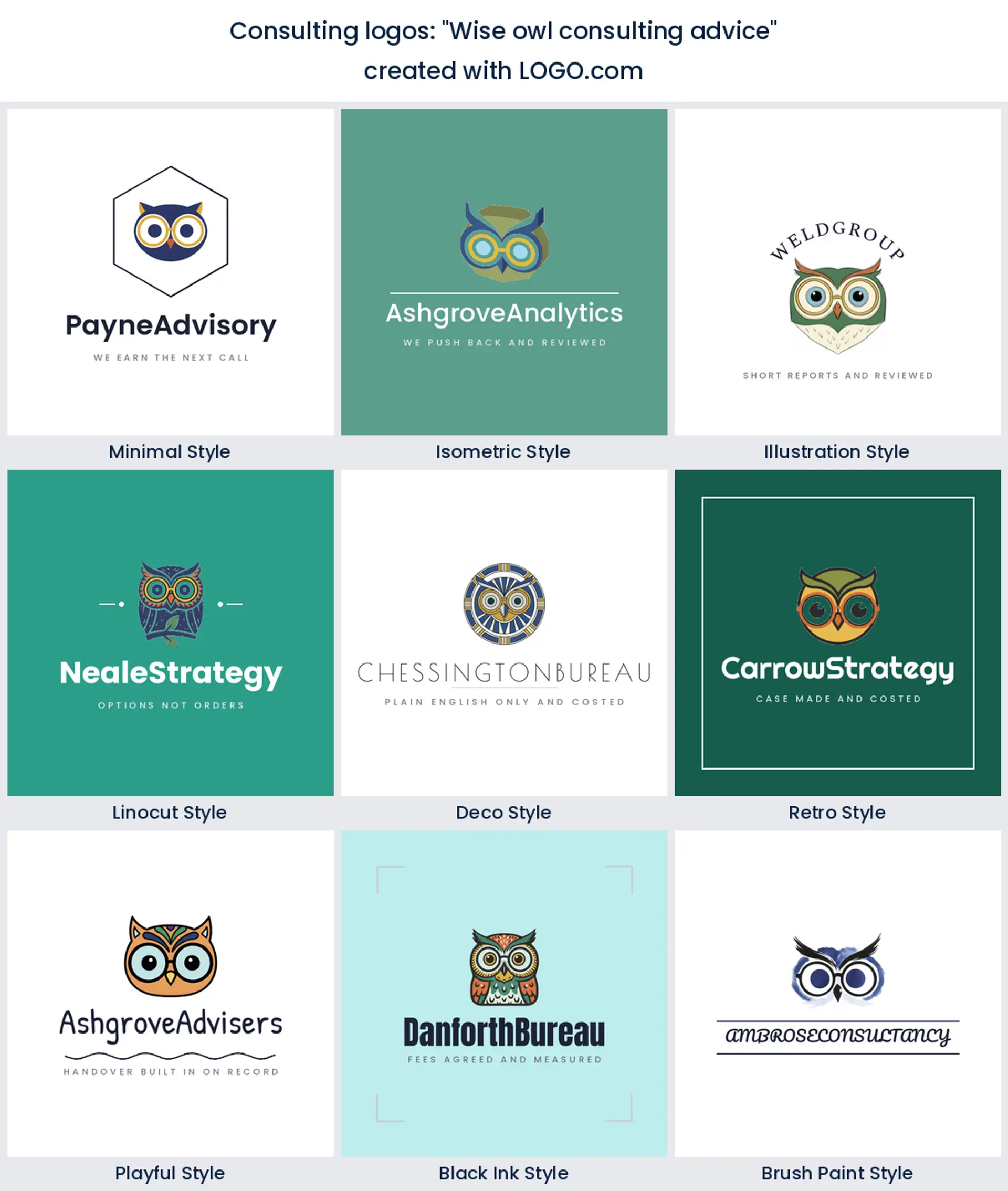 Nine styles of consulting logo with an owl head wearing round spectacles
