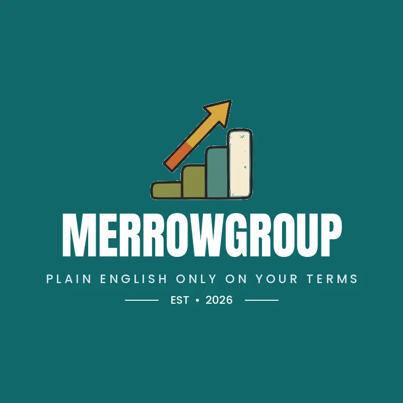 Black ink consulting services logo for MerrowGroup with an arrow climbing four steps on teal