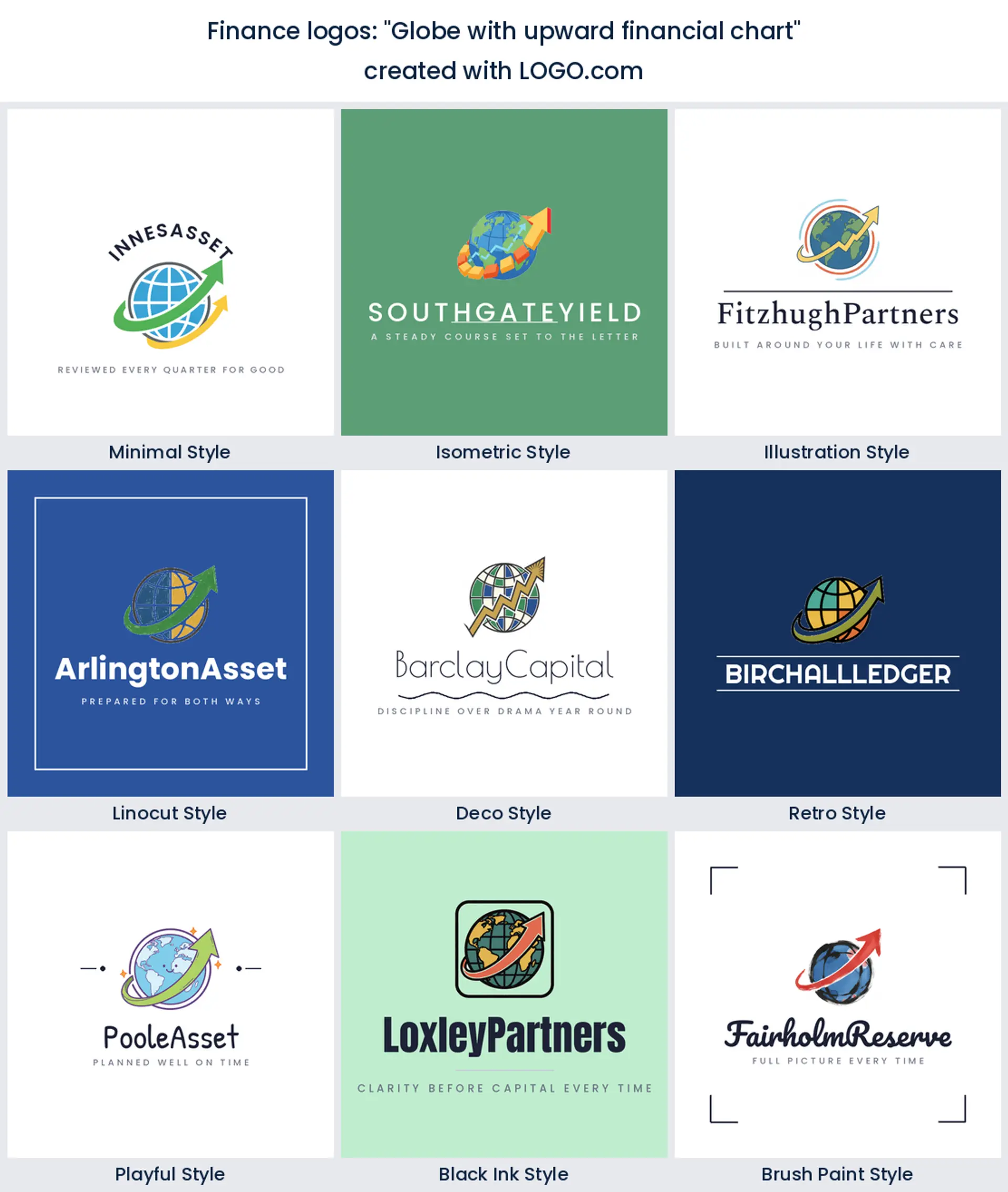 Nine styles of wealth management logo with a globe wrapped by an upward chart