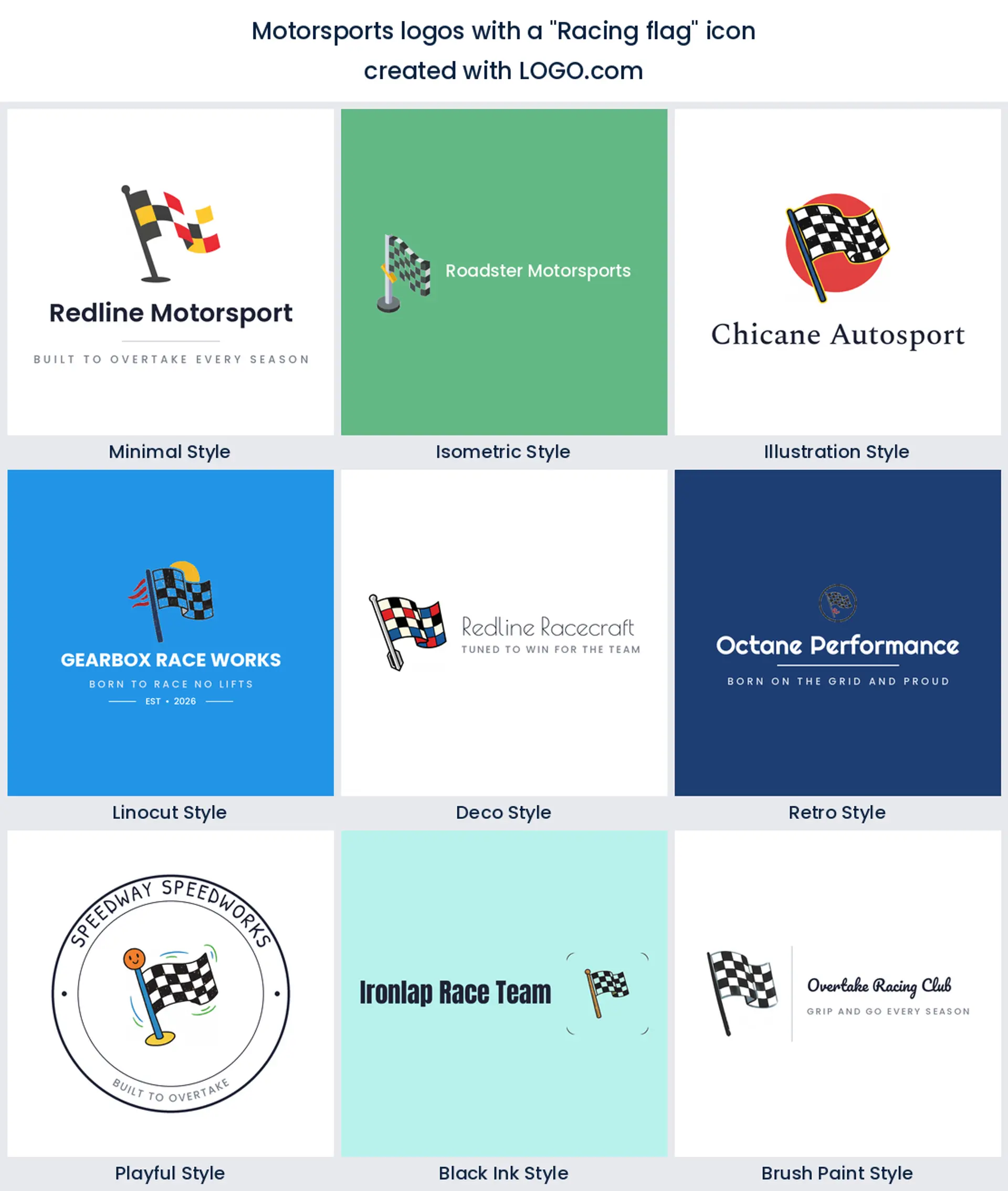 Nine racing logos built around a checkered racing flag icon, shown in nine different styles.