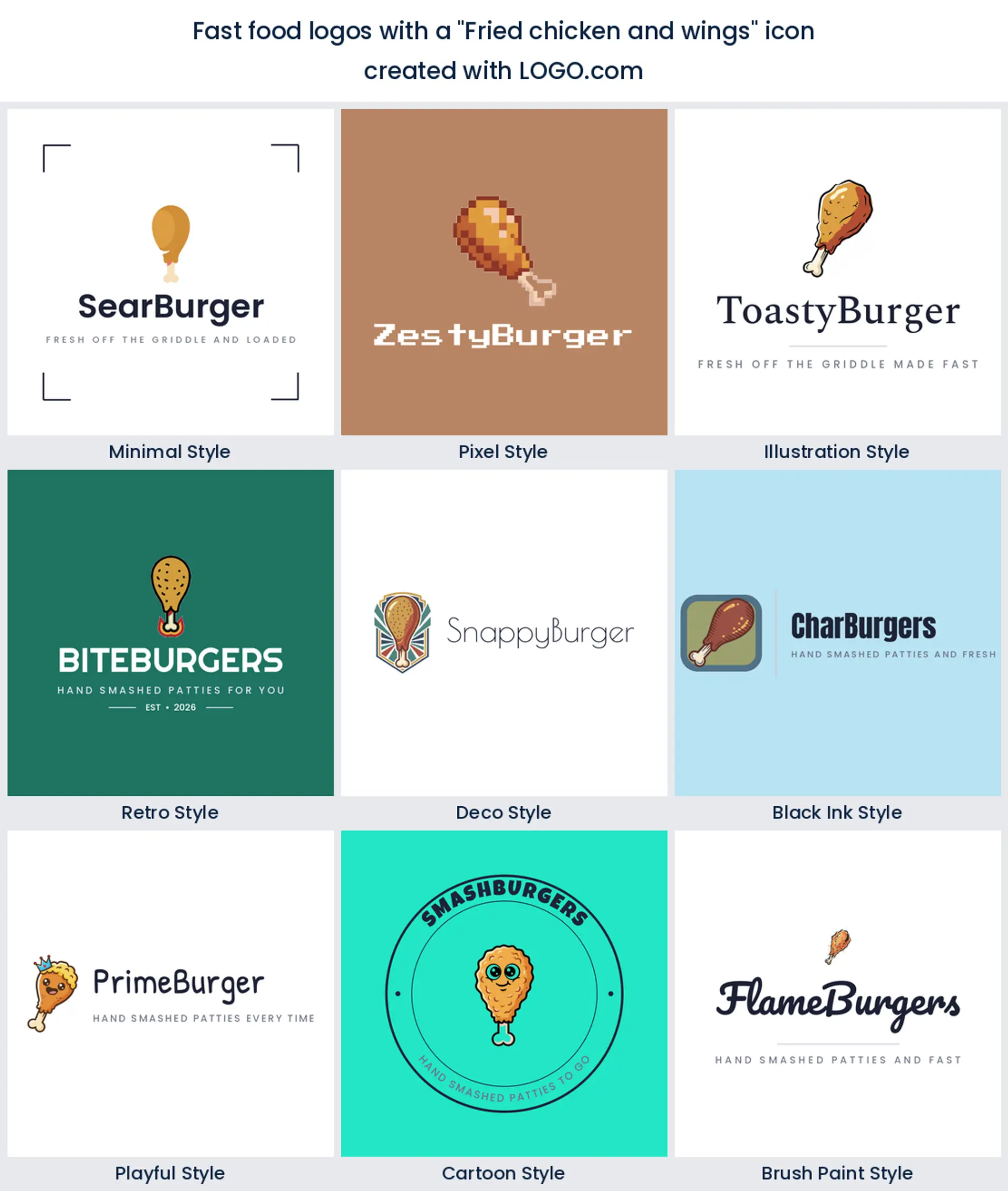 Fried chicken and wings fast food logo shown in nine LOGO.com styles.
