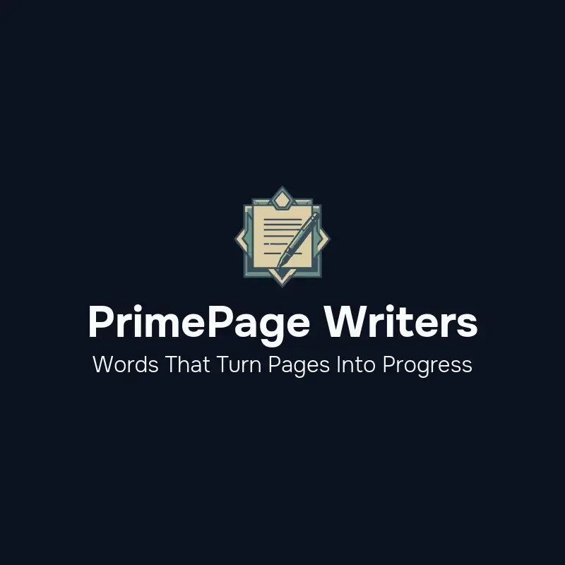 The pen name PrimePage Writers as a branded logo with a color icon