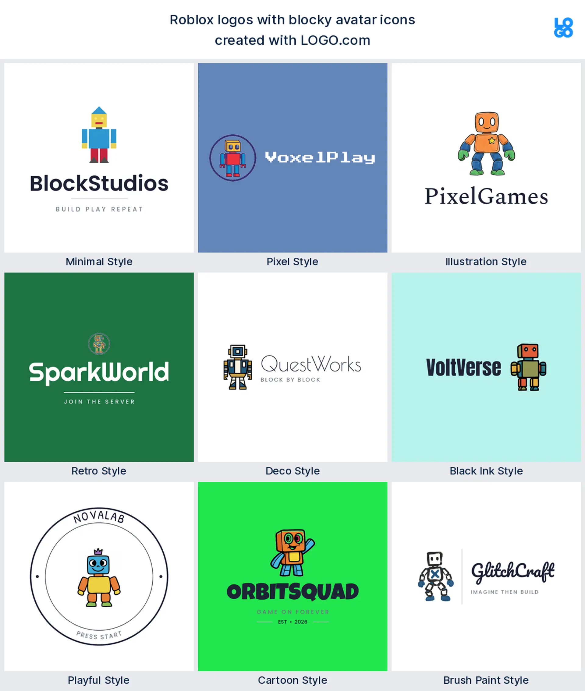 Blocky avatar Roblox logos shown in nine LOGO.com styles
